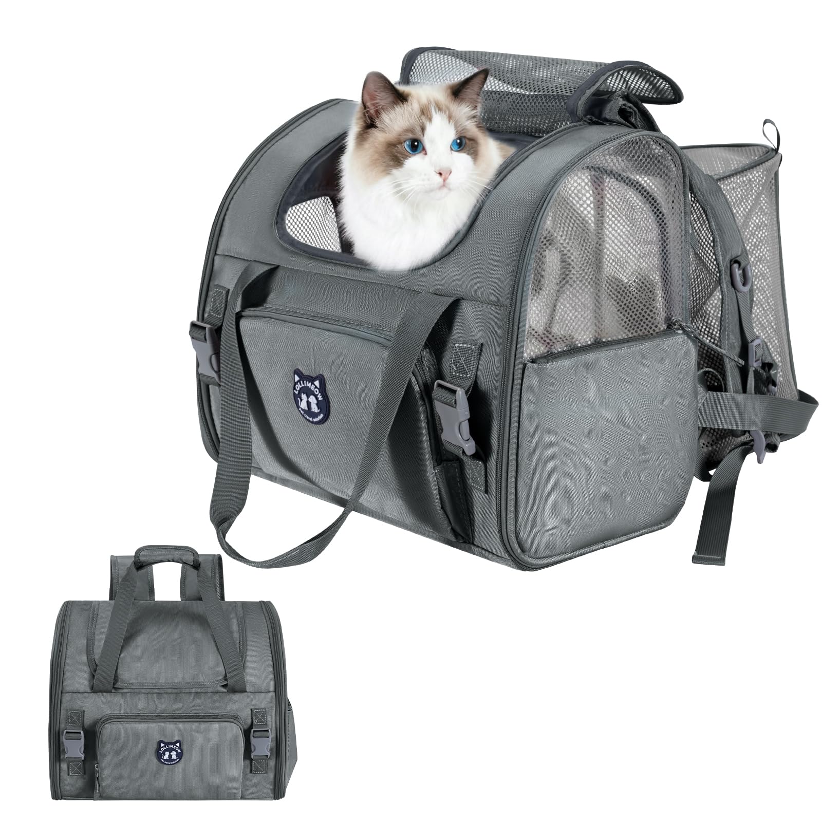 Lollimeow Expandable Cat Carrier Backpack for Large Cats - Airline Approved Pet Carrier Backpack for Small Dogs, Hiking & Travel, Waterproof with Breathable Mesh, 14lbs Capacity (Dark Grey, Standard)
