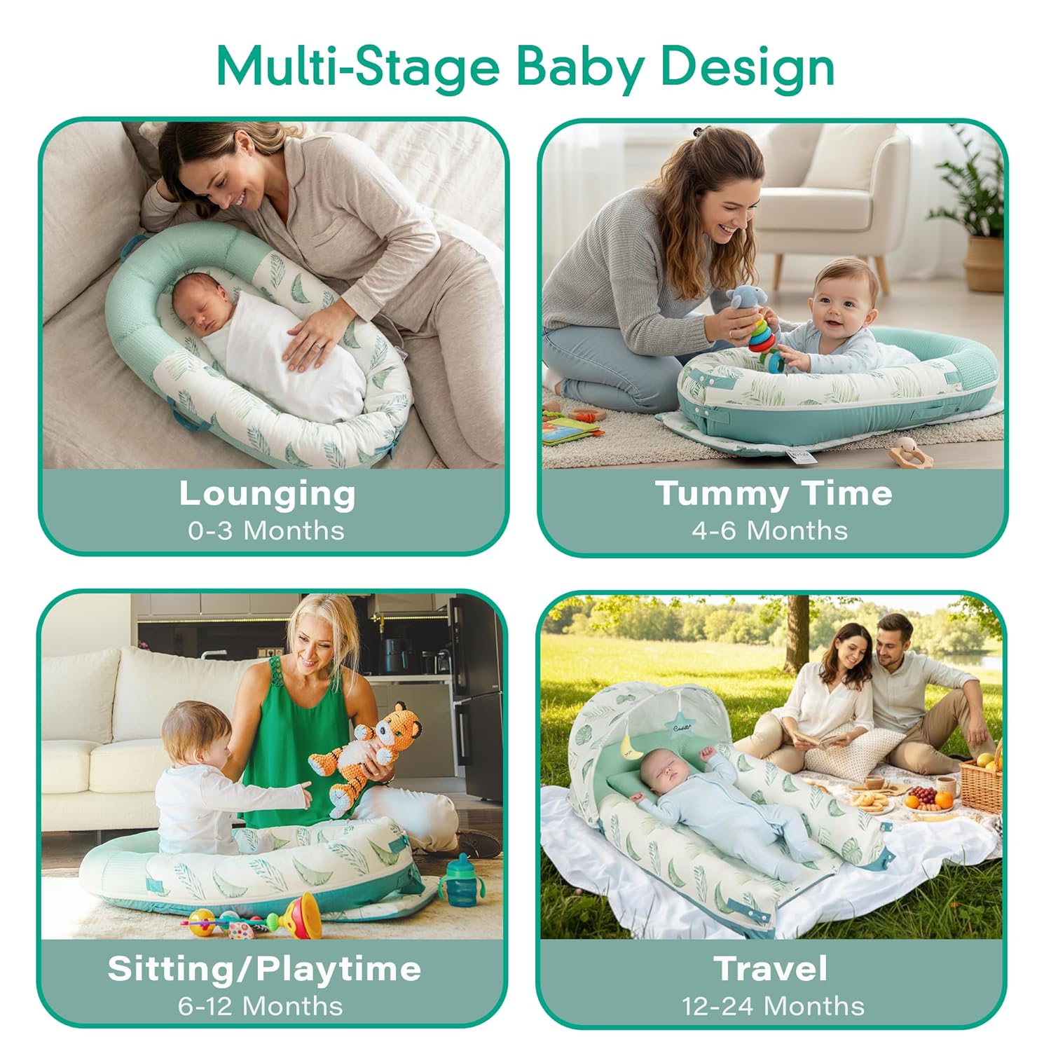 JollyBoo® Deluxe Infant Lounger Pillow - Baby Lounger 0-24 Months | Bamboo-Cotton Portable Baby Nest with Foldable Sunshade & 2 Plush Toys | Soft, Breathable Mesh for Cool, Safe Rest (Green Leaves)