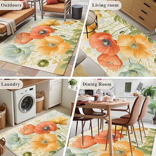 Miniatura 6 de 3x5 Area Rugs, Retro Spring Floral Non-Skid Rubber Backing Large Rectangle Rugs - Living Room Bedroom Home Office, Watercolor Farmhouse Summer