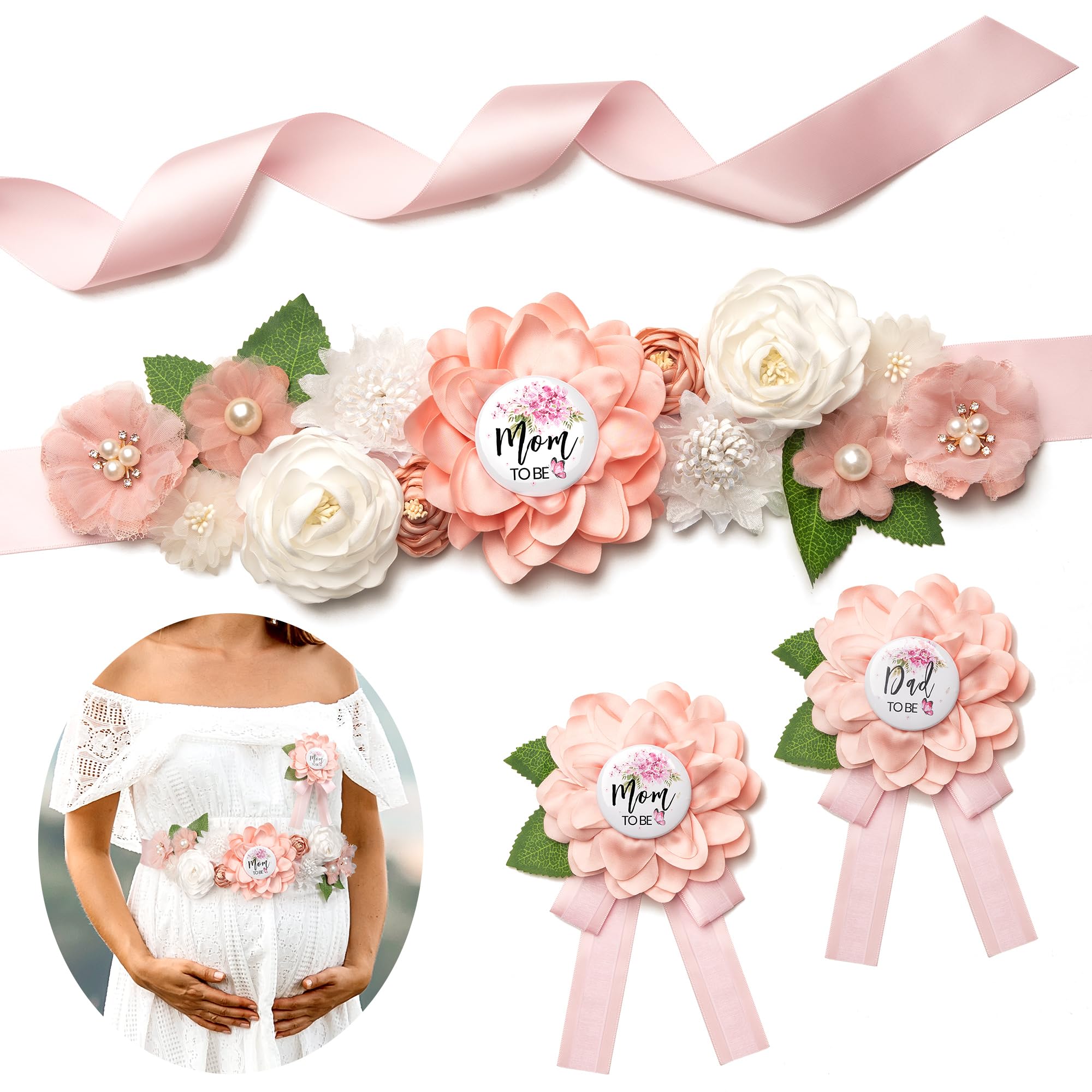 Baby Shower Sash Decorations Mom to Be Corsage Gift Dad to Be Pin 3Pack Set Flower Belt for Maternity Dress - Gender Reveal Pregnancy Photo Props