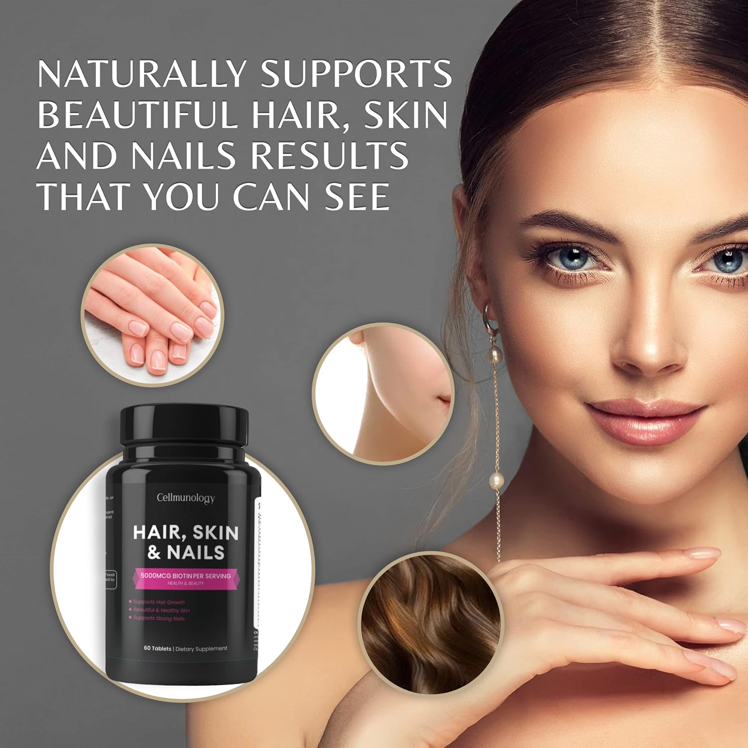 CELLMUNOLOGY Hair, Skin and Nails Vitamins - Rich with 5000MCG Biotin, Hydrolyzed Collagen, Keratin, and Essential Vitamins for Hair Growth, Glowing Skin and Stronger Nails - 60 Tablets