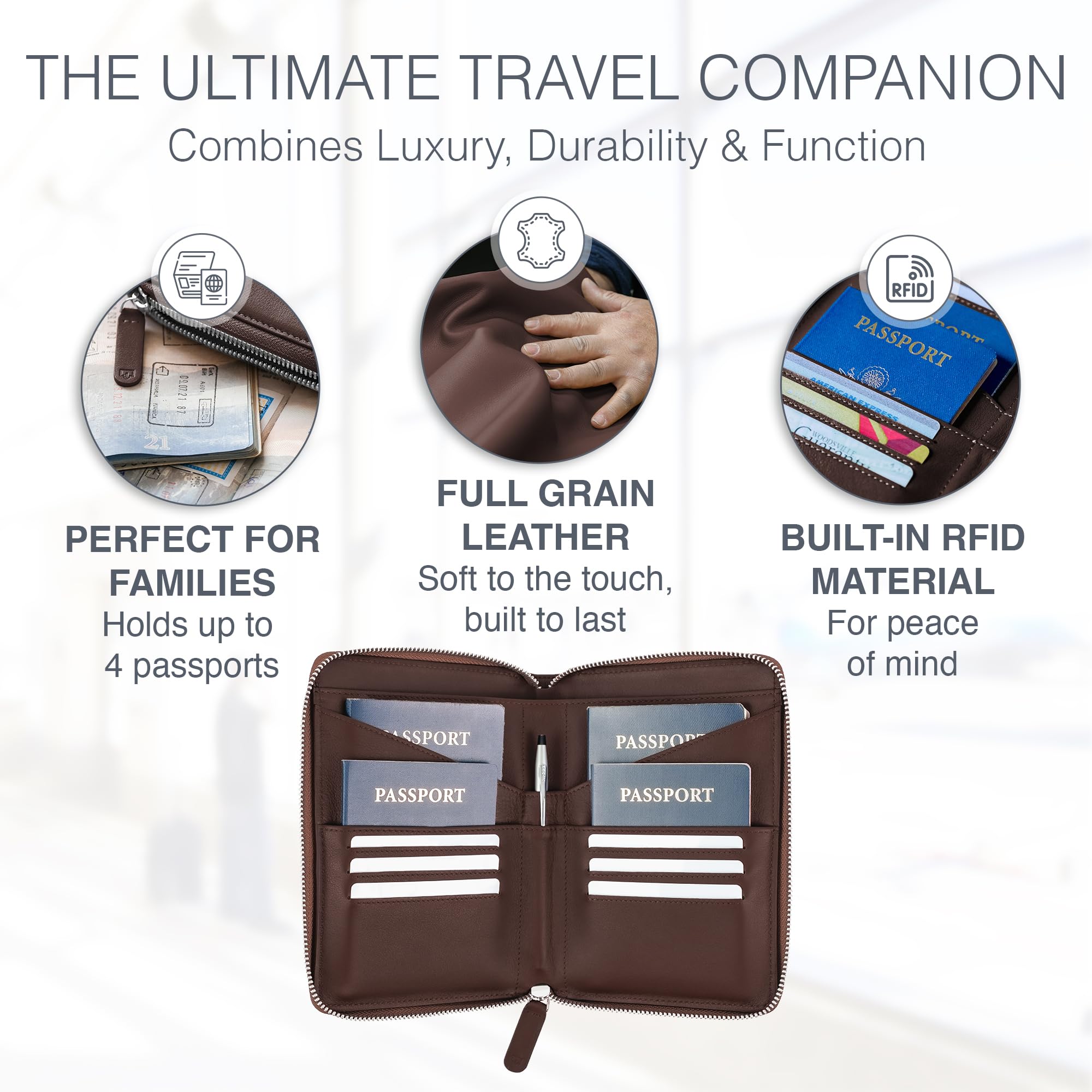 Porta passaporto in pelle pieno fiore per 2-4 passaporti, porta passaporto RFID e organizer per documenti da viaggio, grande portafoglio da viaggio in pelle per coppie e famiglie, Marrone scuro, 7.5 x
