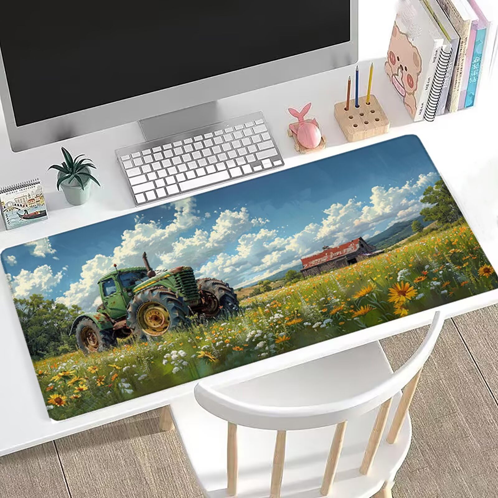 Podkładka pod mysz, 1200 x 600 x 3 mm, traktor, duża, na biurko, krajobraz, podkładka pod mysz XXL, z antypoślizgowym spodem, obszyte krawędzie, wodoszczelna, podkładka na biurko do MacBooka, laptopa