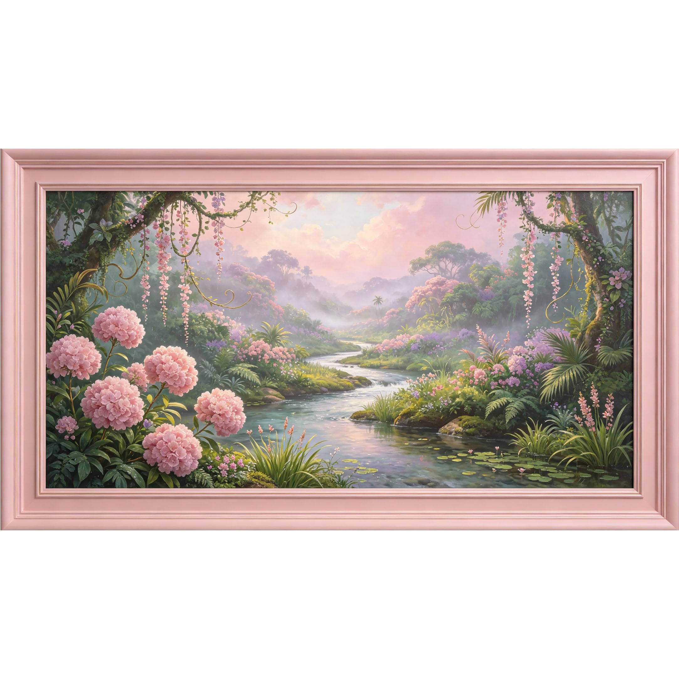 QZLITHOTIC 50x90cm3D Framed Wall Art， Tropical Botanical River Landscape Self‑Adhesive Mural， Water‑Activated Peel & Stick Fabric Decor Wall Decal for Bedroom Living Room