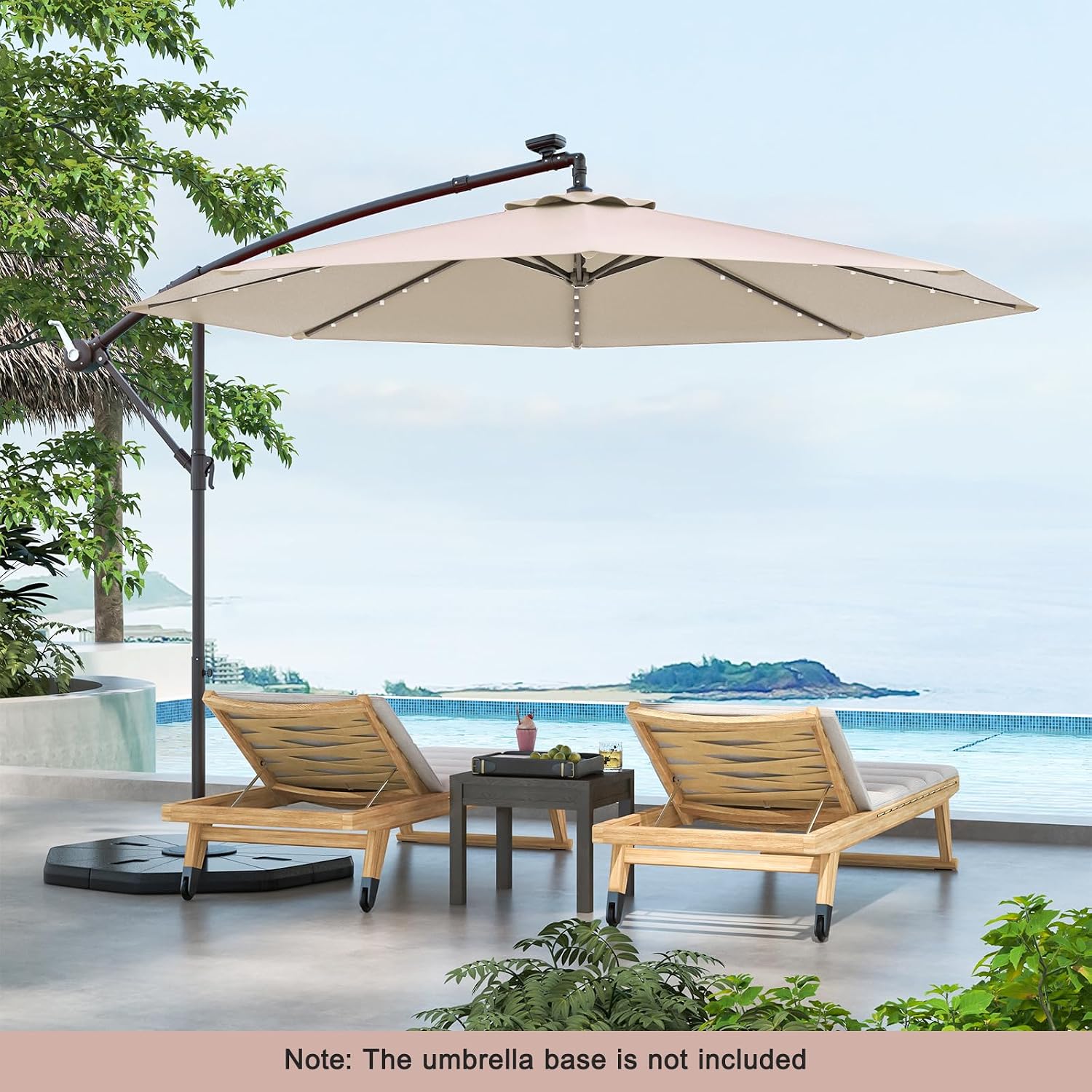 TANGZON 10 FT/3M Outdoor Cantilever Umbrella with 32 LED Lights, Garden Parasol with 8 Sturdy Ribs, Easy Tilt Mechanism, Steel Base, Patio Market Offset Umbrella for Backyard Pool Lawn