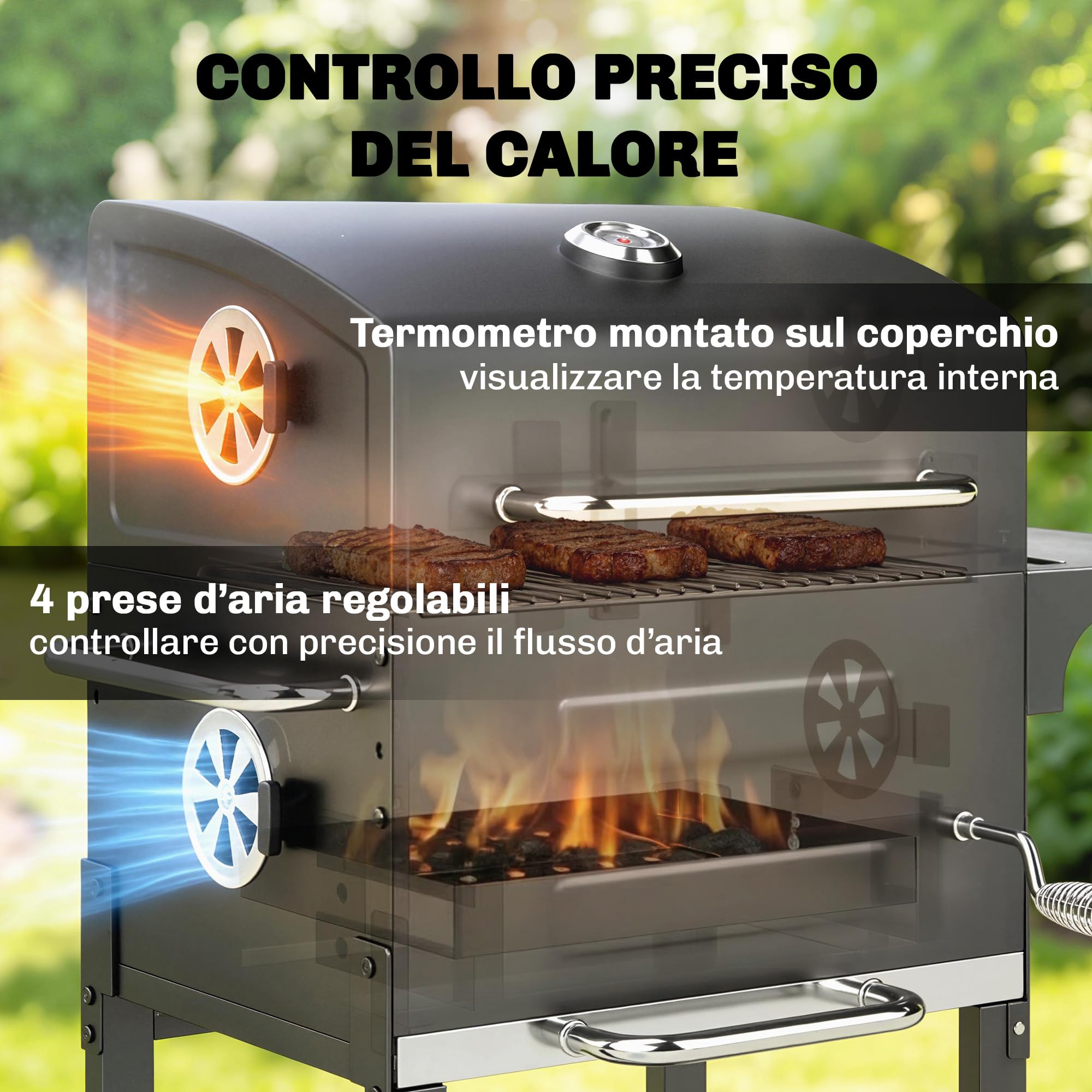 Outsunny Barbecue Carbonella Stretto z Rusztem, Regulowany Nawiew, Wózek BBQ z Pokrywą, Stal, Półka, Termometr, Popielnik, Czarny