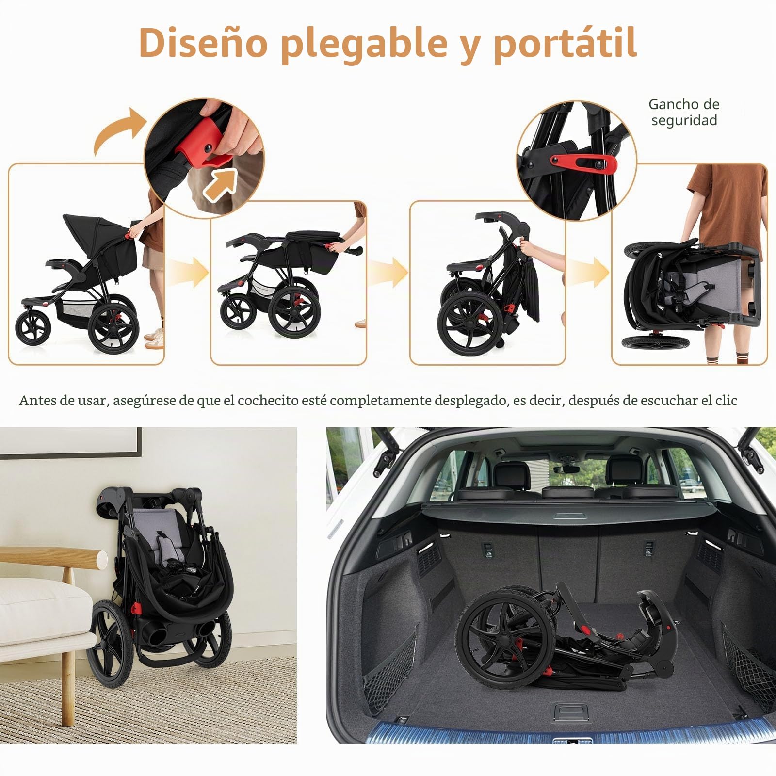 LIFEZEAL Cochecito Plegable con 3 Ruedas, Parasol Ajustable, Arnés de 5 Puntos, Bandeja Extraíble, Soporte para Bebidas, Hasta 22 kg, Color Negro