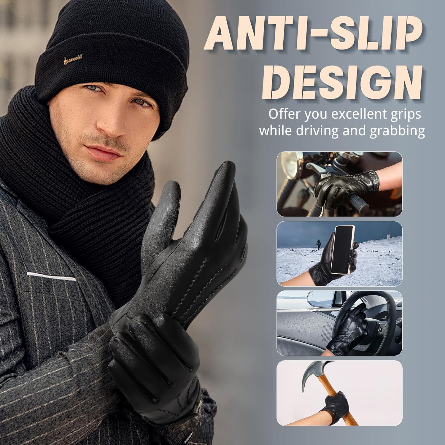 Winter Leather Gloves for Men, Plush Lined Mens PU Gloves With Full-hand Touchscreen Men’s Winter Gloves - Image 4