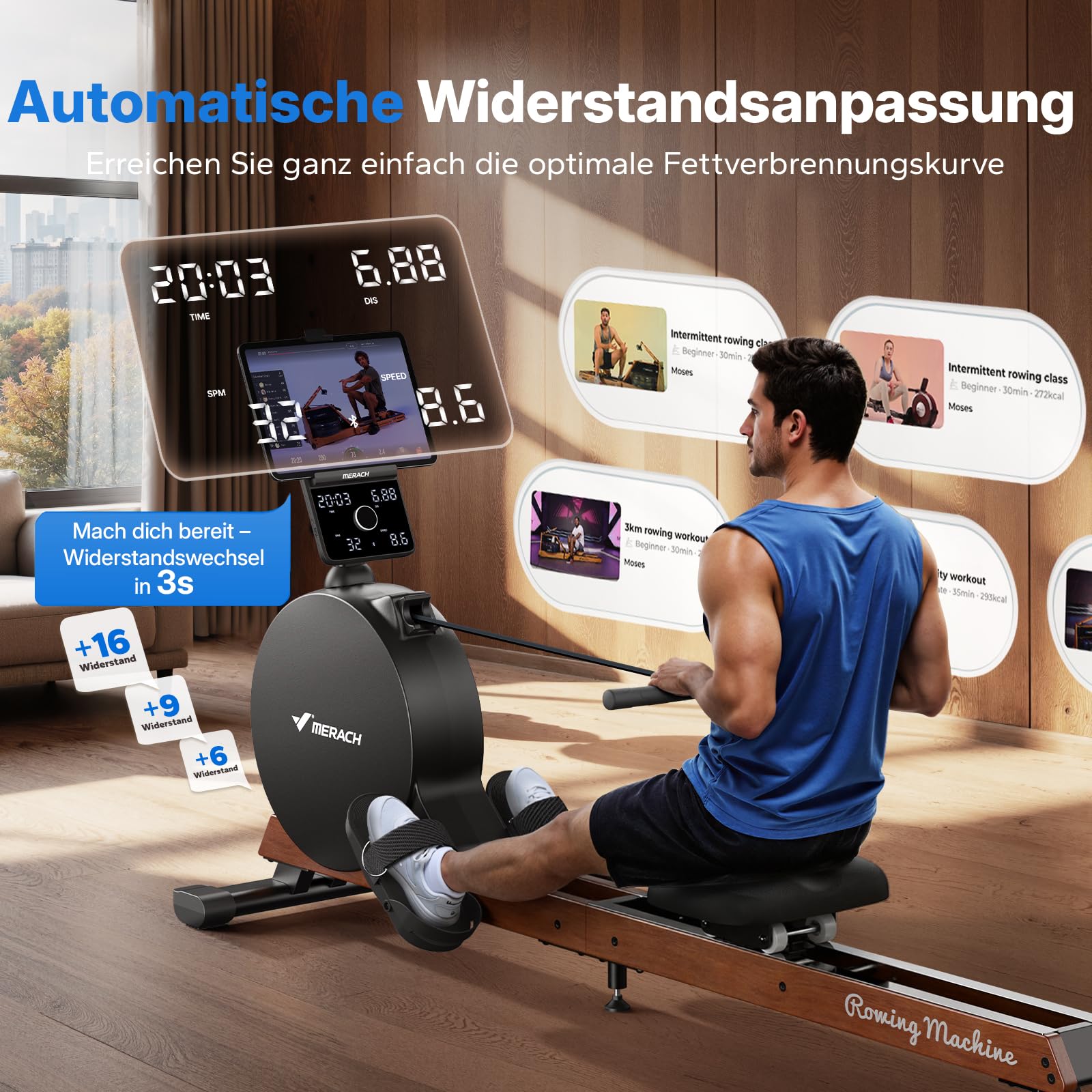MERACH Rudergerät für Zuhause, Eigenerzeugung, Verbesserter Magnetischer Spitzenwiderstand von 60 kg, Automatische Widerstandsanpassung, LED-Anzeige/ 21,5-Zoll-HD-Bildschirm (R7)