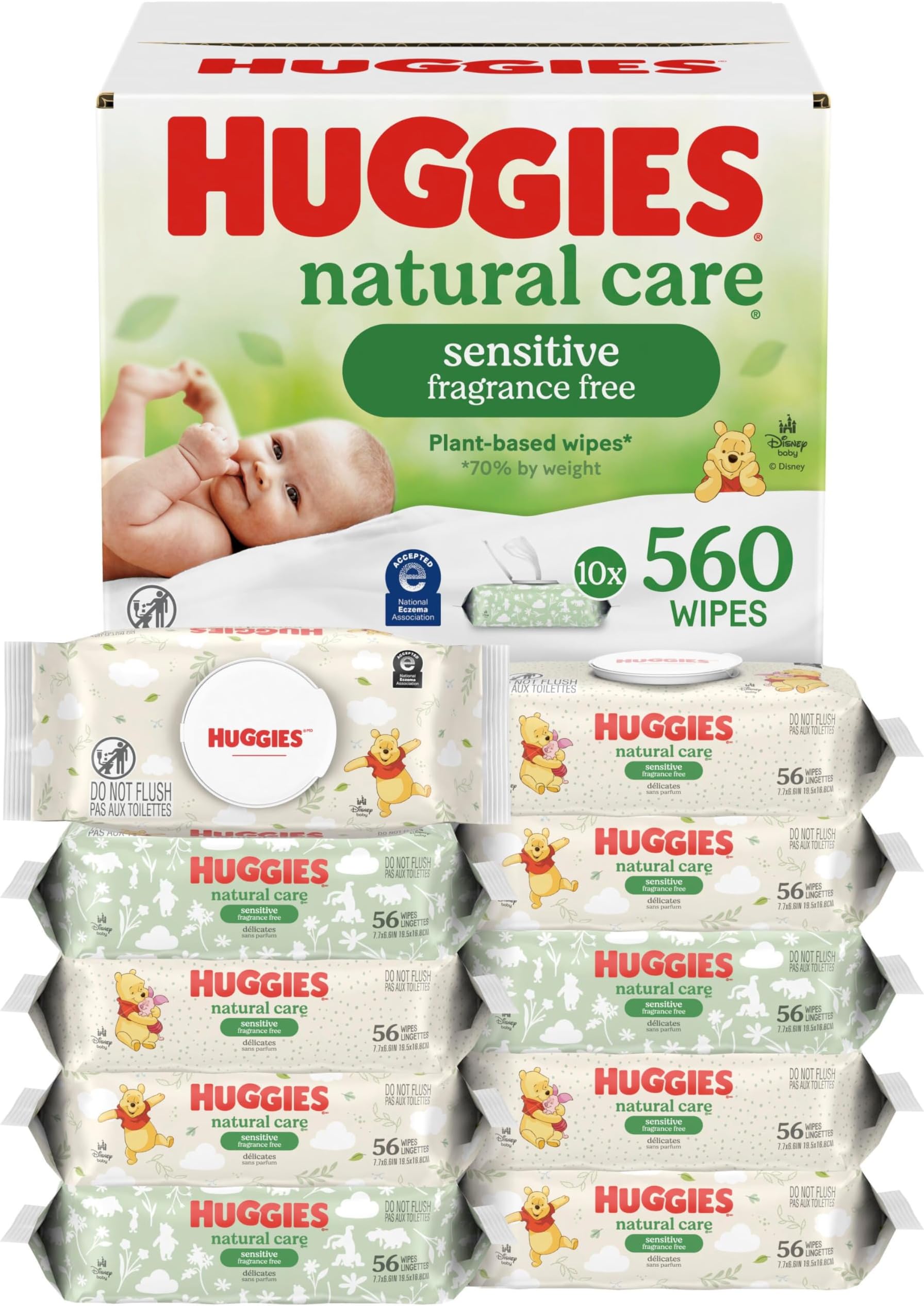 Natural Care Sensitive Baby Wipes, Unscented, Hypoallergenic, 99% Purified Water, 10 Flip-Top Packs (560 Wipes Total)