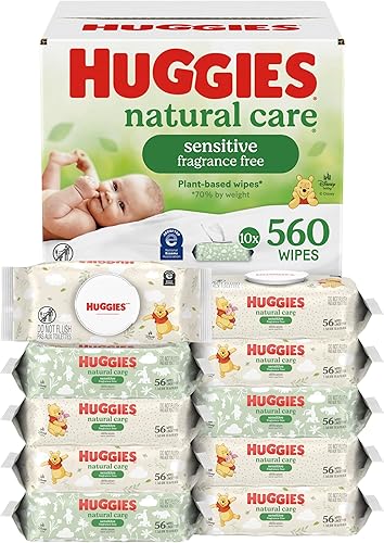 Huggies Natural Care Sensitive Toallitas para bebé, sin perfume, hipoalergénicas, 99% de agua purificada, 10 paquetes abatibles (560 toallitas en