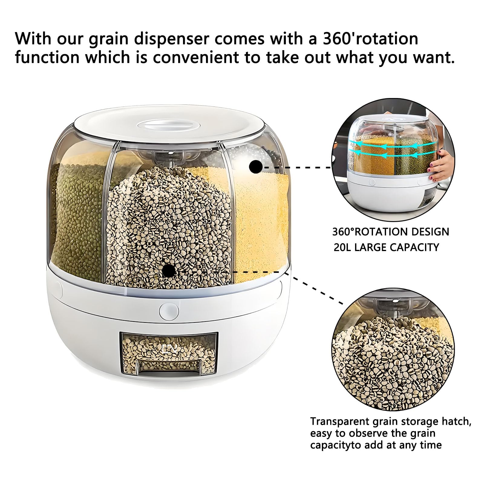 Rotating Grain Storage Bin 6 Grids Rice Container One-Click Output Large Capacity Food Dispenser For Rice Grains or Pet Food Sealed Moisture Proof Organizer Large White 3