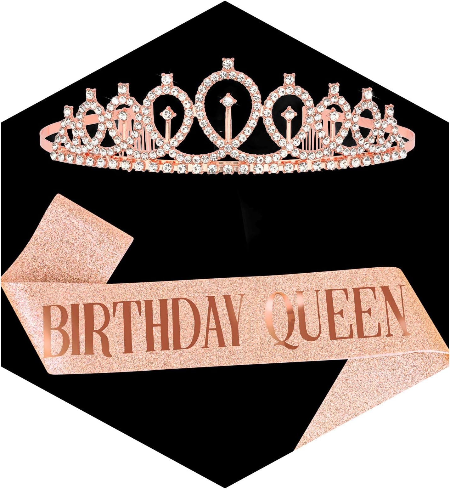 CAVETEE Rose Gold Birthday Queen Sash and Crown Rhinestone Tiara Hair Accessories Shiny Tiaras with Sash Glitter Tiara Set Birthday Party Decorations Party Favors Photo Props Gifts for Women