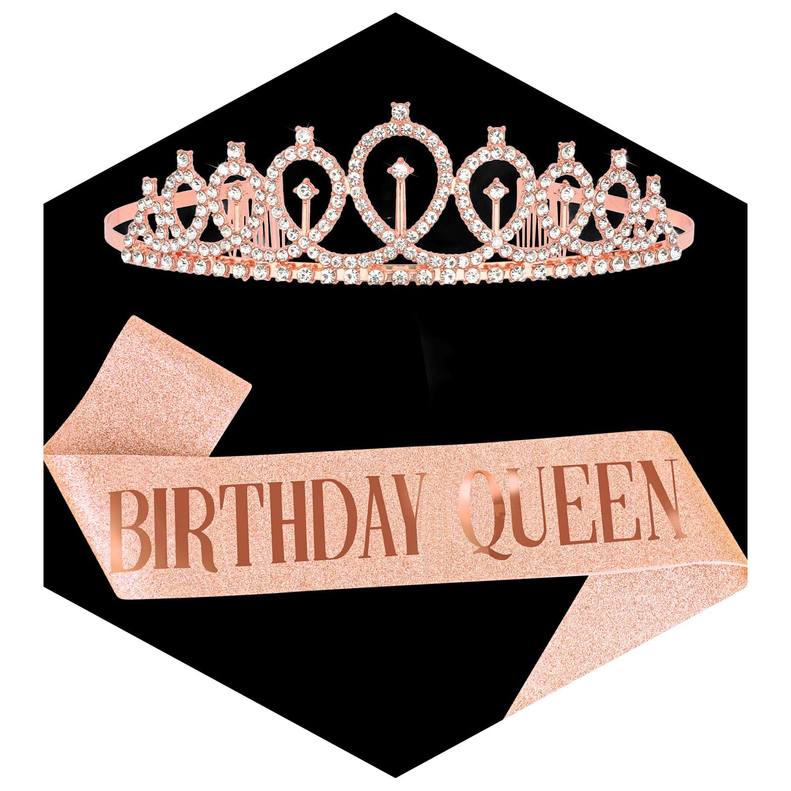 CAVETEE Birthday Crown and Sash Set - Queen Rhinestone Tiara, Glitter Decorations for Women - Rose Gold-image-34