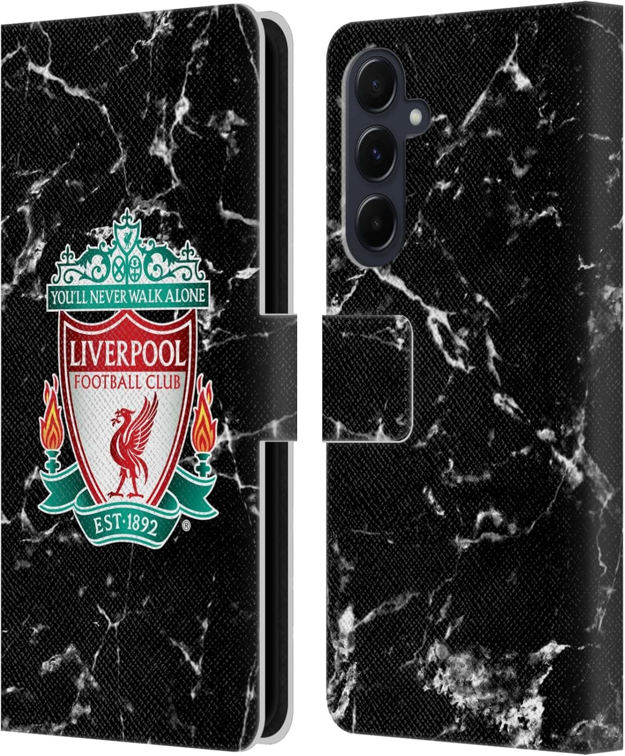 Head Case Designs Officially Licensed Liverpool Football Club Black Liver Bird Marble Leather Wallet Case Compatible with Samsung Galaxy A55 5G