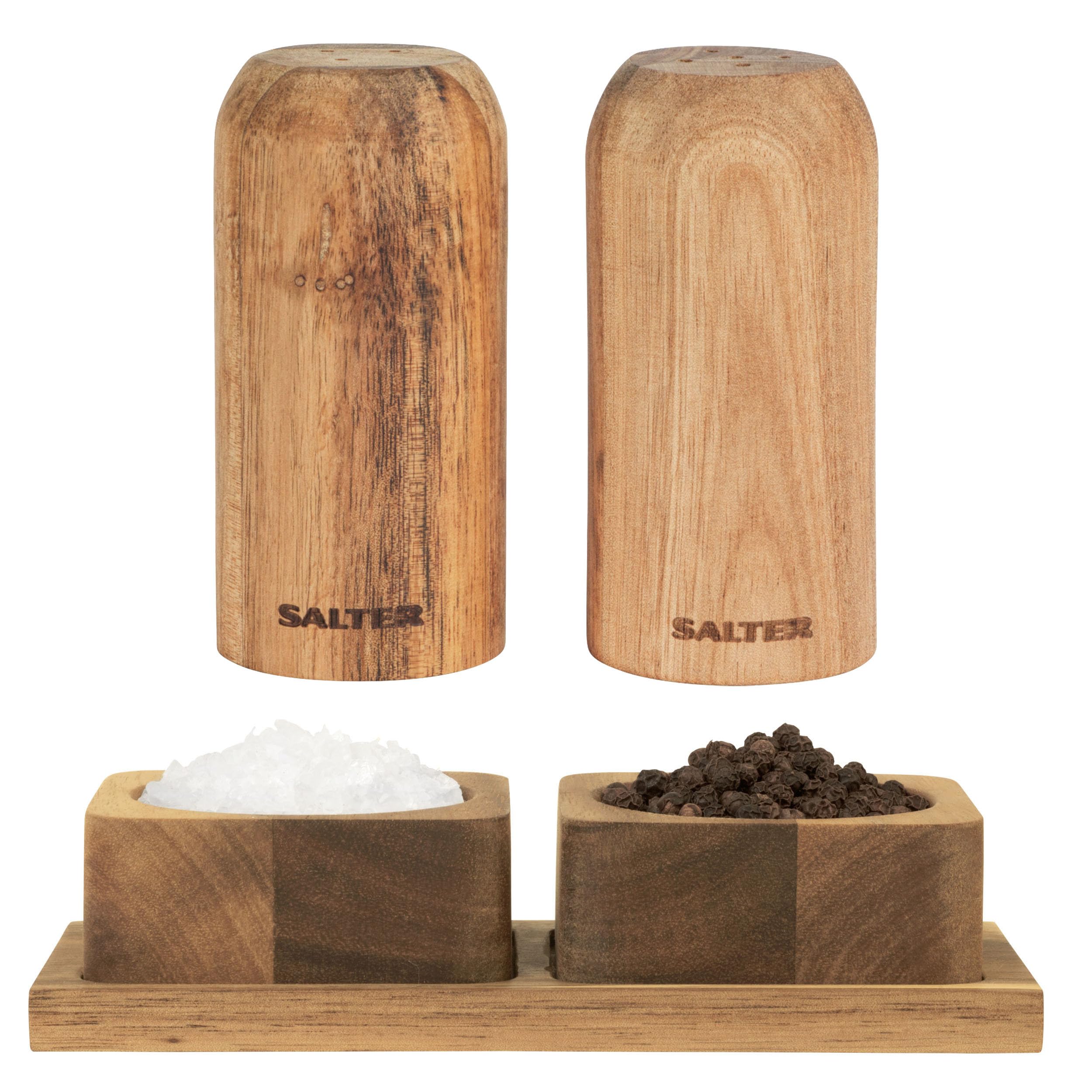 Salter COMBO-9158 Toronto Salt & Pepper Set – with Shakers and Pinch Pots, 2 Bowls with Storage Tray, Acacia Wood, Wooden Salt Pig, Compact, Refillable Seasoning Dispenser, Countertop & Kitchen Table — image 1