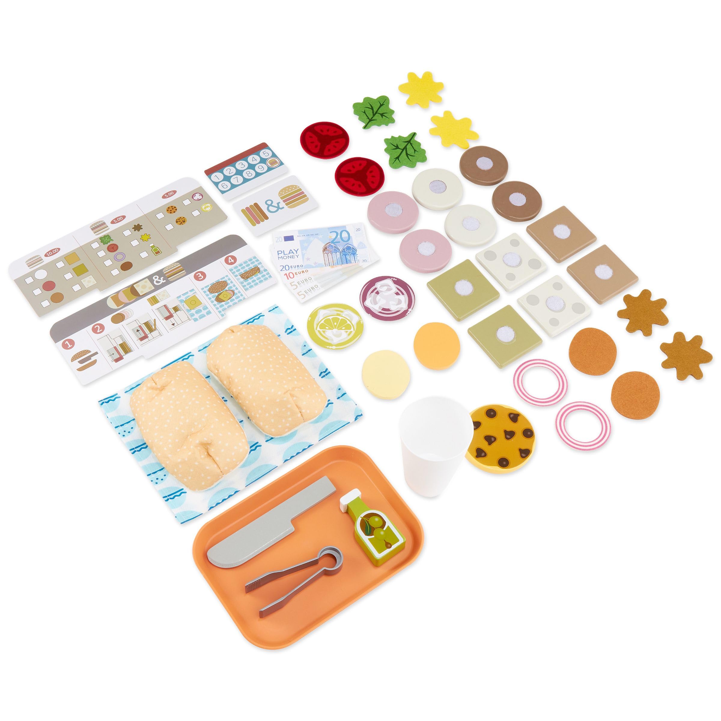 mamabrum Paninoteca Giocattolo in Legno per Bambini, Banco Fast Food con Cibo e Accessori, Gioco di Ruolo Ristorante, Panini e Cucina Giocattolo, 3 Anni