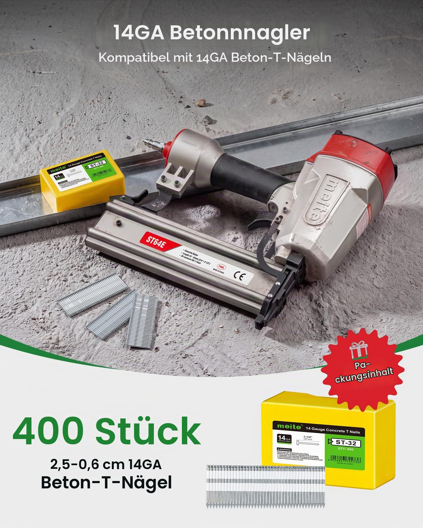 meite ST64E Beton-Nagelpistole mit 400 Stück 14 GA 2,5–0,6 cm T-Nägeln