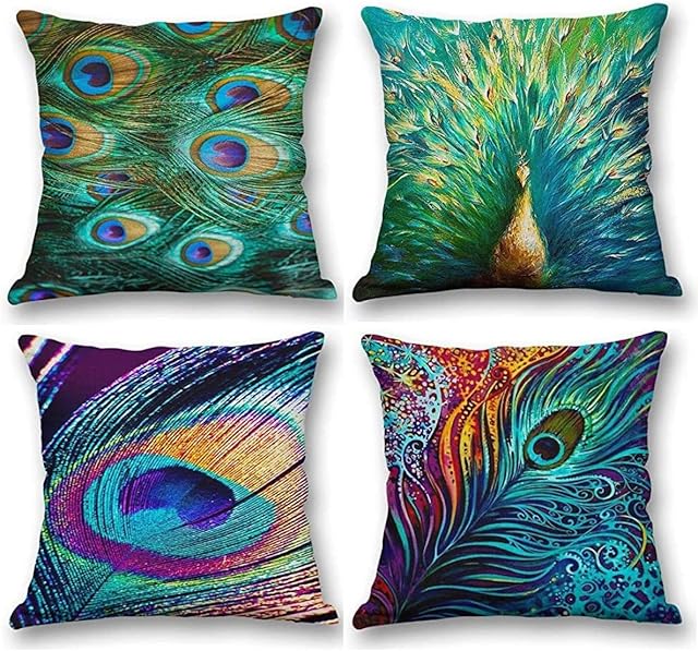 Hangood Cotton Linen Throw Pillow Case Cushion Covers Peacock Feather Set of 4pcs 45cm x 45cm