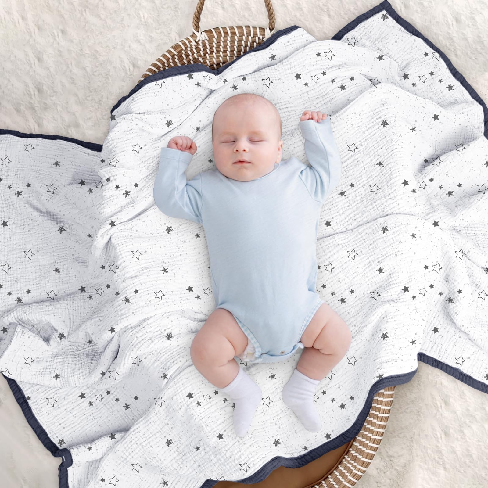 lulumoon Musselin Decke Baby - Atmungsaktive Babydecke,Baby Decken Neugeborenen,Weiche Krabbeldecke für Kinder,Musselin Schlafdecken für Kleinkinder Mädchen Junge 120 x 120cm (Sternenklarer Himmel)