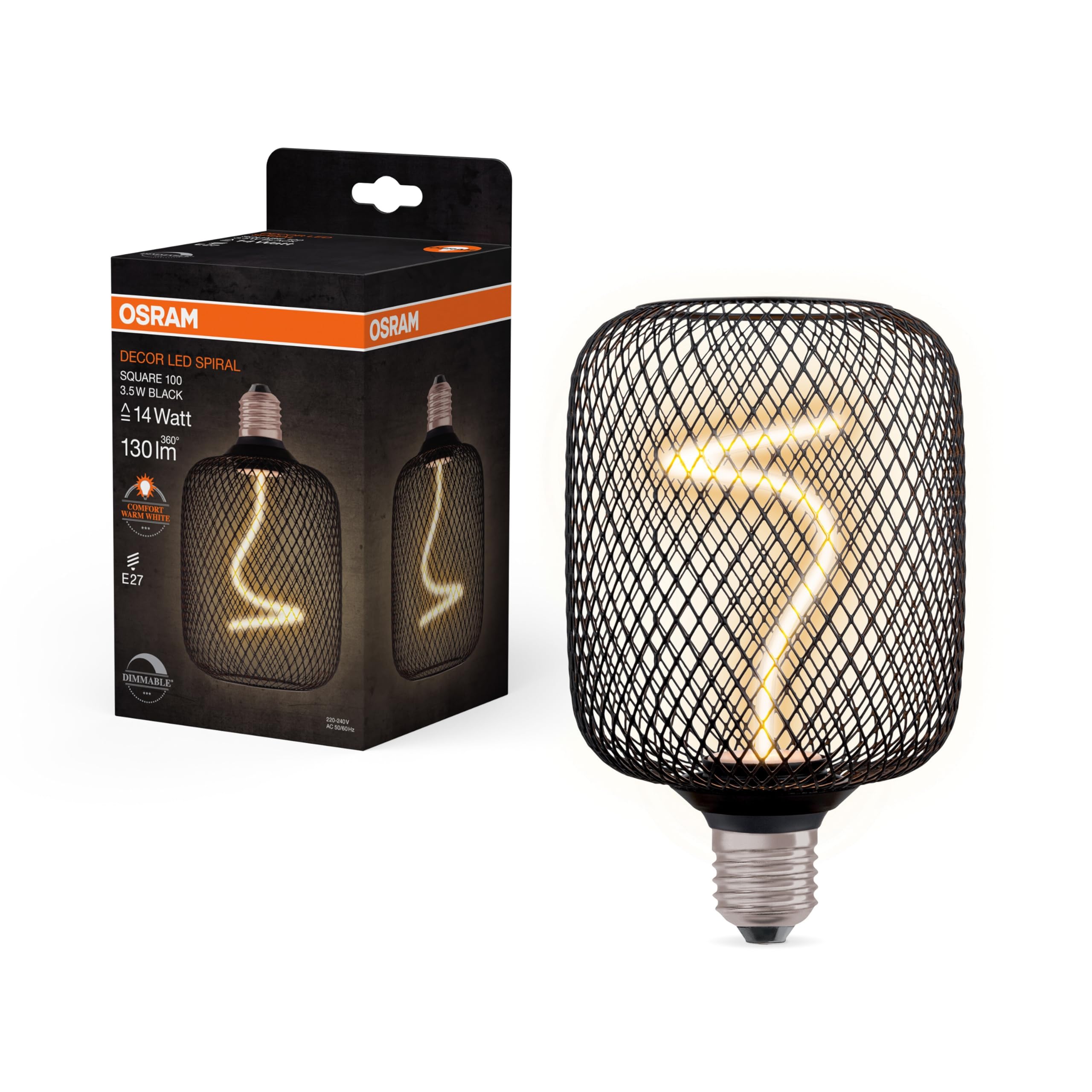 Osram Decor LED Square with Spiral Filament Made of Clear Black Lead-Free Glass in Cosy Warm White 818, dimmable, with E27 Screw Socket, 100 mm Diameter.