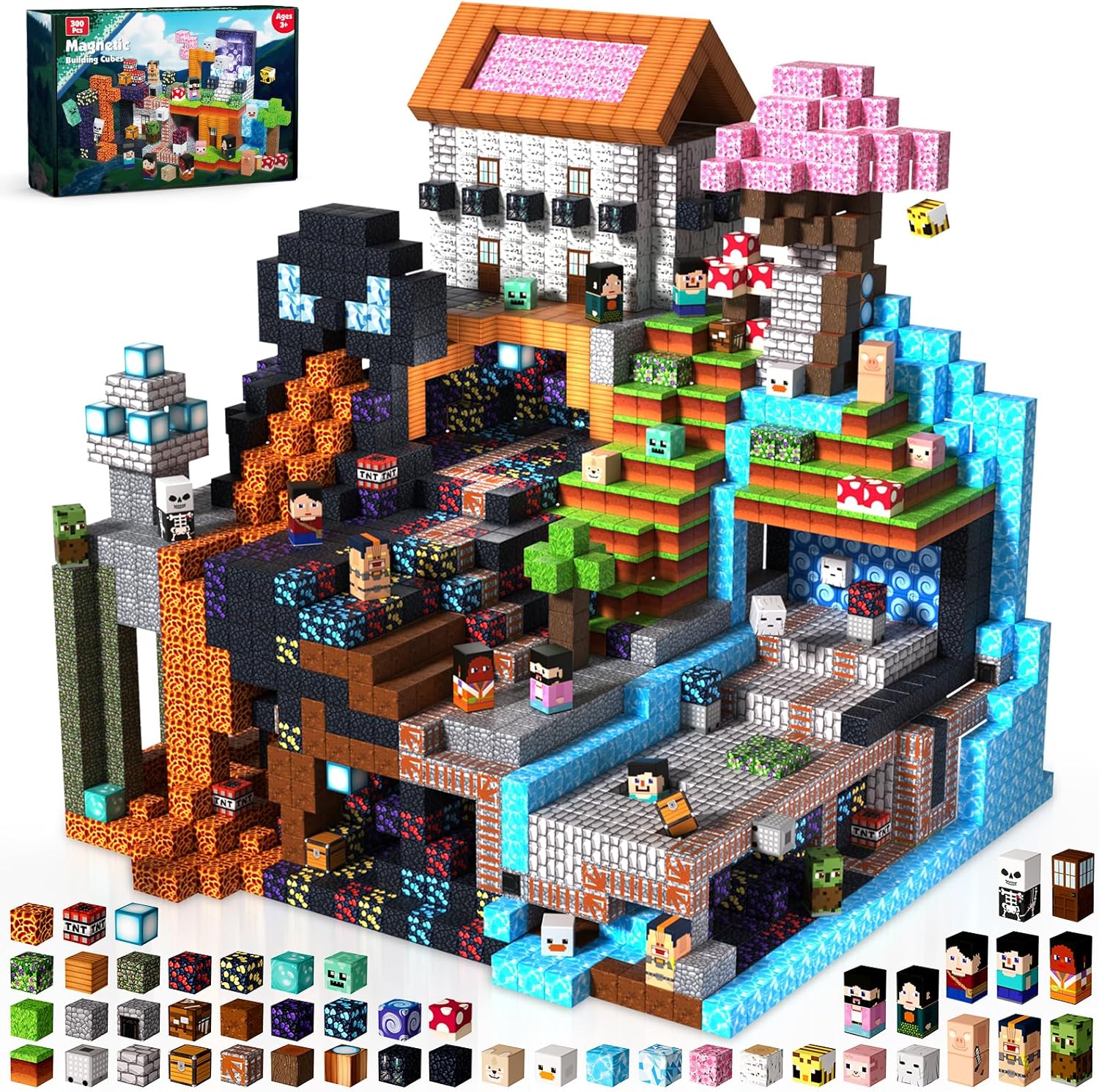 300PCS +150PCS Magnetic Blocks - Magnet Building Blocks, Stacking Magents Cubes Toys Adventure Set +Foret Theme, STEM Montessori Sensory Toys for Kids Boys and Girls Ages 3+ Birthday Gifts