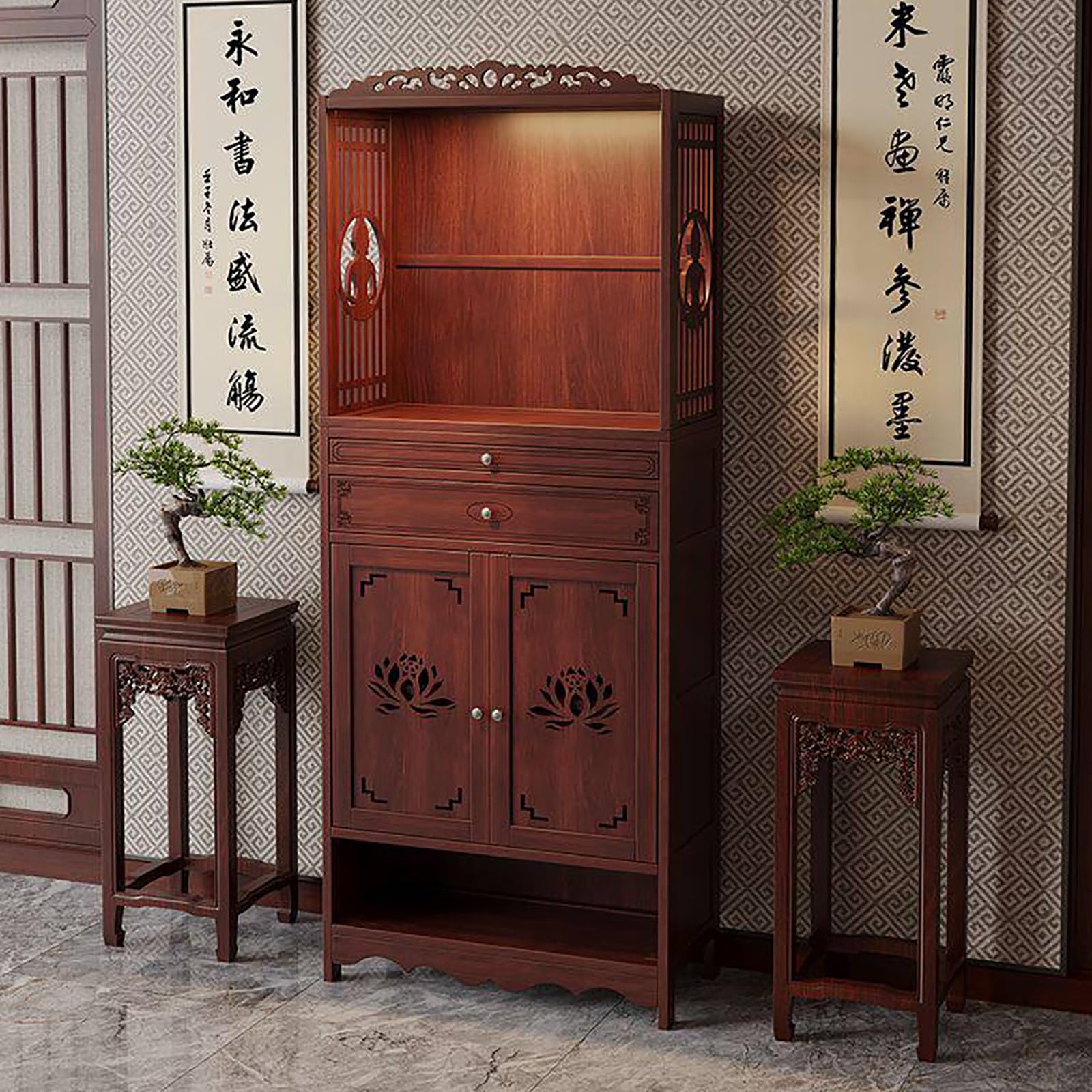 Armoire d'autel Bouddhiste, Table d’Autel Bouddhiste avec Tiroir, Autel de Méditation Feng Shui pour Bouddha, Sanctuaire de méditation pour brûle-encens et offrandes(70cm)
