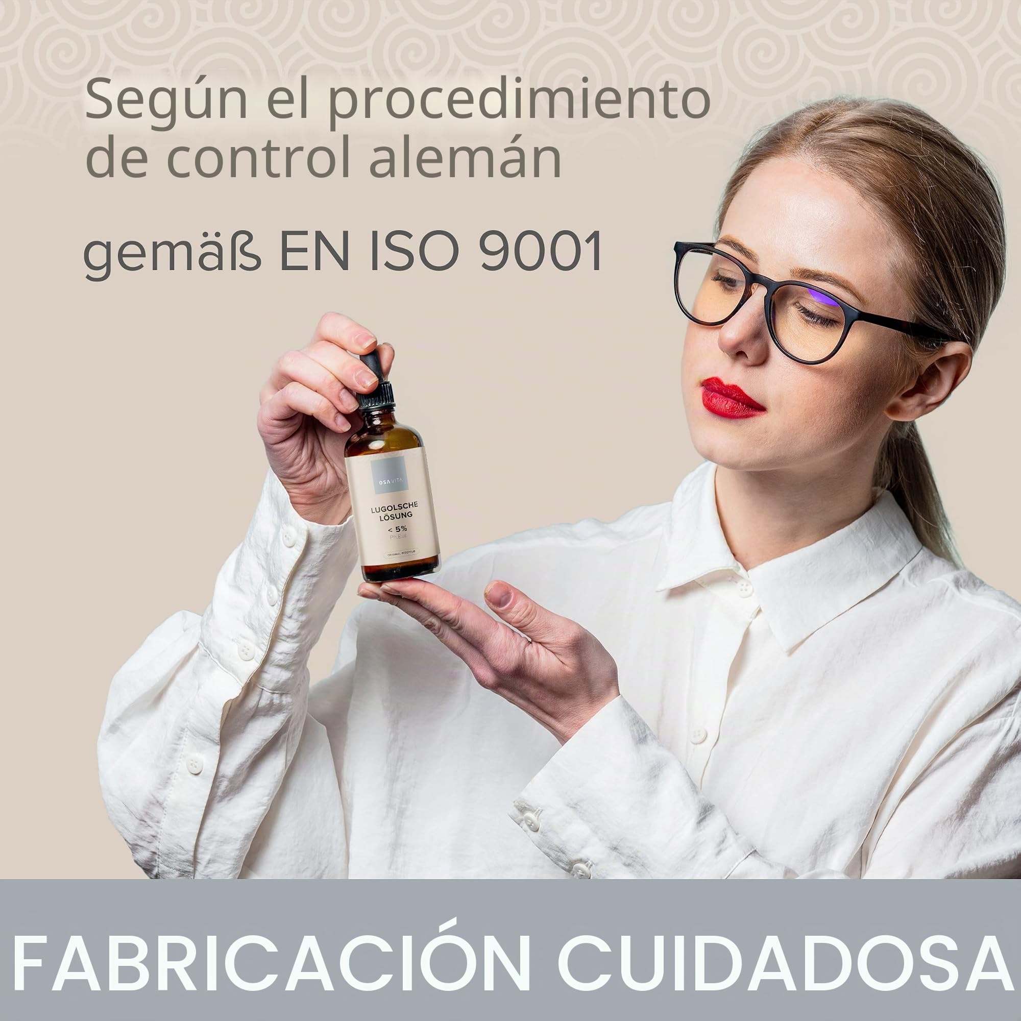 Solución Lugola < 5%, fórmula original fabricada en Alemania, pureza farmacéutica según la normativa europea con pipeta de cristal.