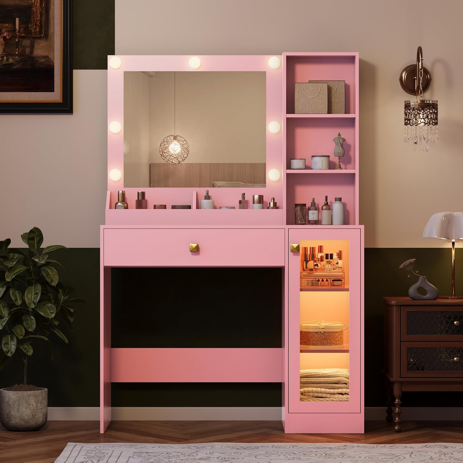 Makeup Vanity with Mirror and Lights, 34''W Dressing Table with Charging Station & RGB Glass Cabinet, Small Vanity Desk with 3 Color Lighting Modes & Adjustable Brightness