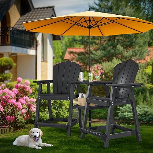 Tall Adirondack Chair Set of 2 with Double Connecting Tray, Recycled HDPE with Wood Grain, Weather Resistant, Outdoor Adirondack Chairs for Deck, Balcony, Patio, Backyard, Black