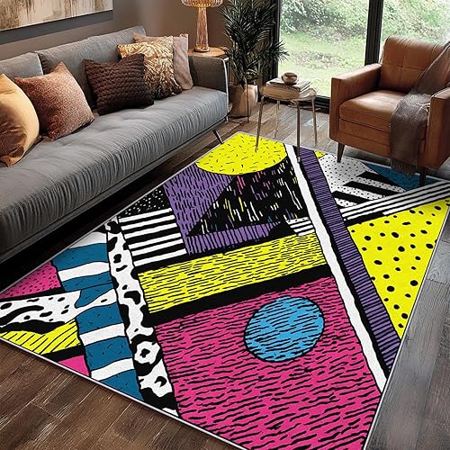 Miniatura 50 de Alfombra retro de los años 70, alfombras de área de 6 x 8 pies, patrón geométrico moderno de mediados de siglo, para sala de estar, dormitorio,