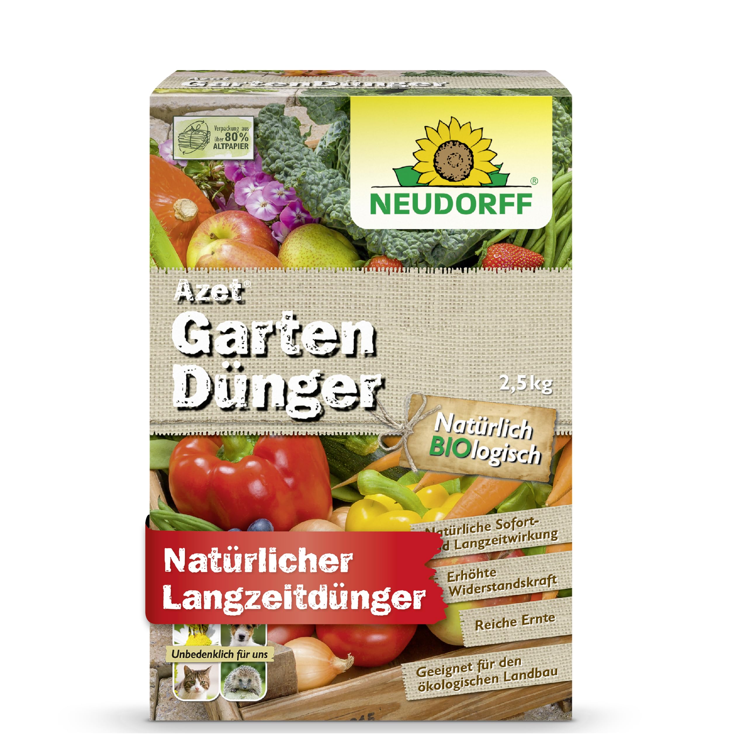 Neudorff Azet Gartendünger – Bio Universaldünger fördert die Blühkraft und reiche Ernte aller Gartenpflanzen mit natürlicher Sofort- & Langzeitwirkung, 2,5 kg