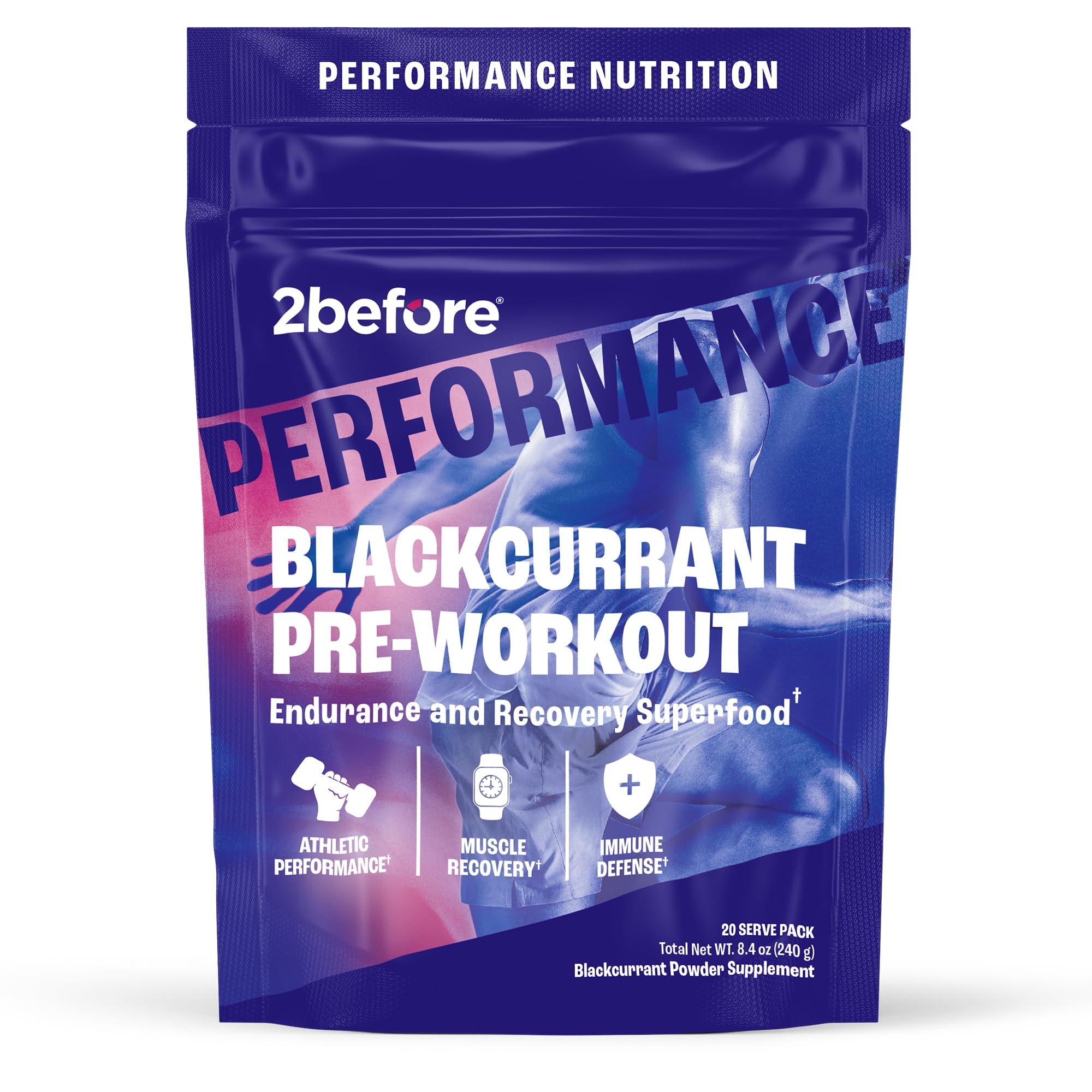 2before Blackcurrant I All Natural Vegan Pre Workout, Caffeine Free I Clean Energy, Endurance, Recovery I Pre Workout Women and Men I 20 Servings Pouch I Informed Sports Certified