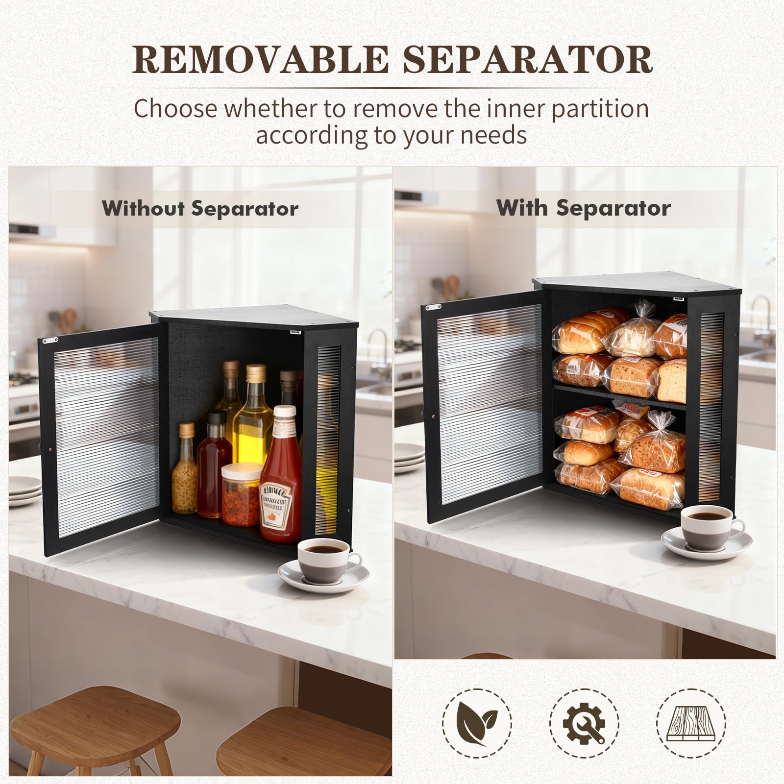 Panera esquinera extra grande – Panera de bambú para encimeras de cocina, almacenamiento y organizador de pan de cocina de gran capacidad con ventana ondulada acrílica corrugada (negro)