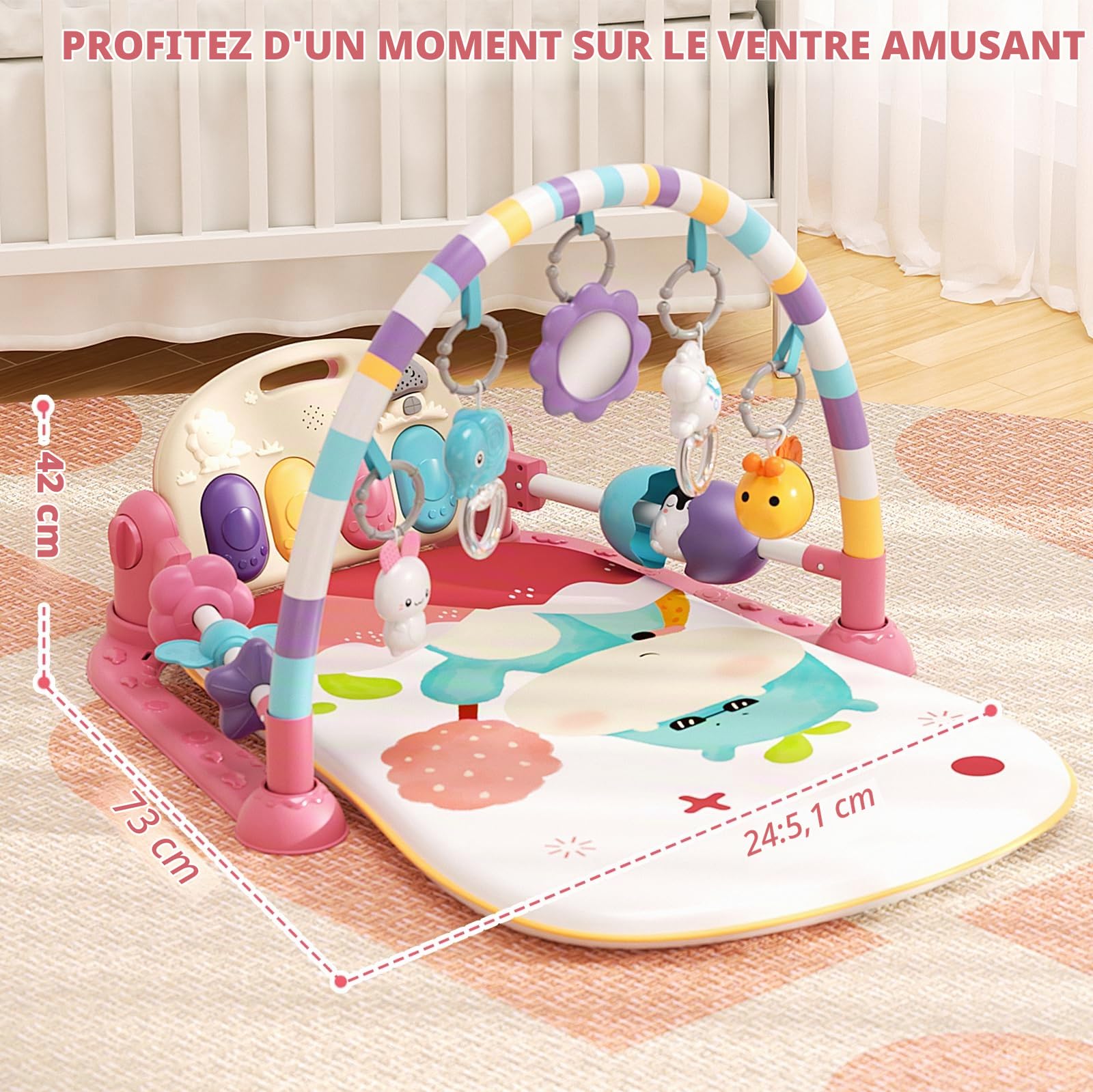 Jovow Tapis d'éveil Bébé avec Piano, Tapis de Rampement pour Bébé avec Lumières et Musique, Tapis de Jeu pour Bambine avec Arche de Jeu et Jouets Amovibles, Cadeau pour bébé de 0 à 36 Mois