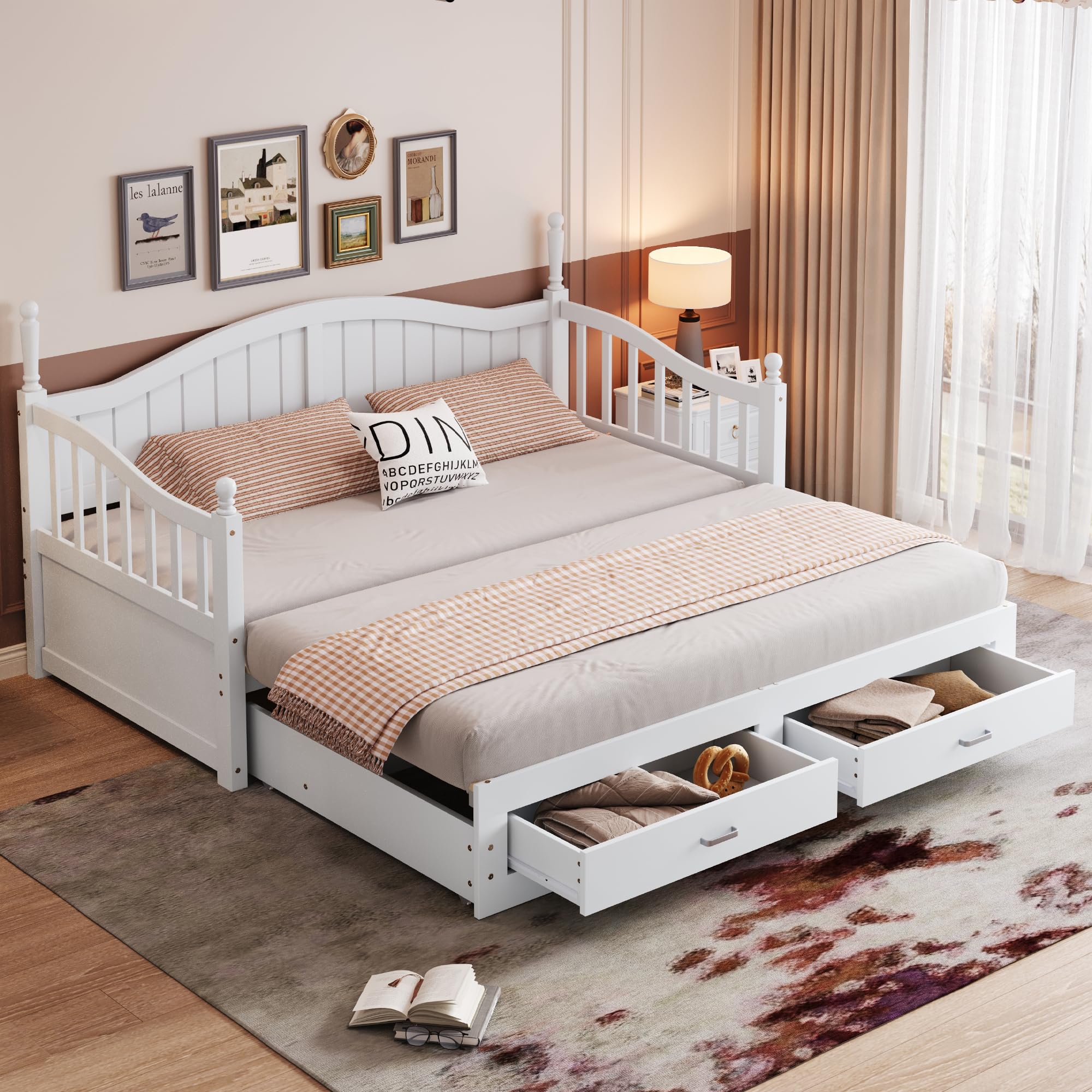 Kebnor Sofá cama extensible de madera maciza 90/180 x 190 cm, con columnas romanas, con respaldo y reposabrazos curvados, con cajones y somier (blanco)