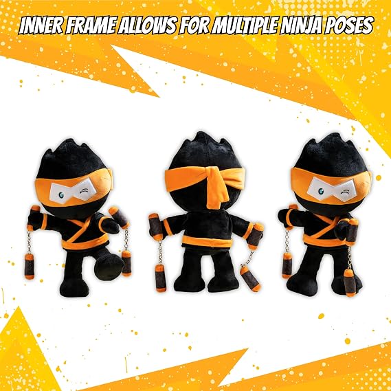 Ninja Kidz Official Stealthy Orange Posable Plush, Ninja Kids Toys, Kids Fidget Toys, Inner Frame for Multiple Poses, Fully Posable and Soft, Eyes Glow in The Dark
