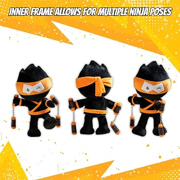 Ninja Kidz Official Stealthy Orange Posable Plush, Ninja Kids Toys, Kids Fidget Toys, Inner Frame for Multiple Poses, Fully Posable and Soft, Eyes Glow in The Dark