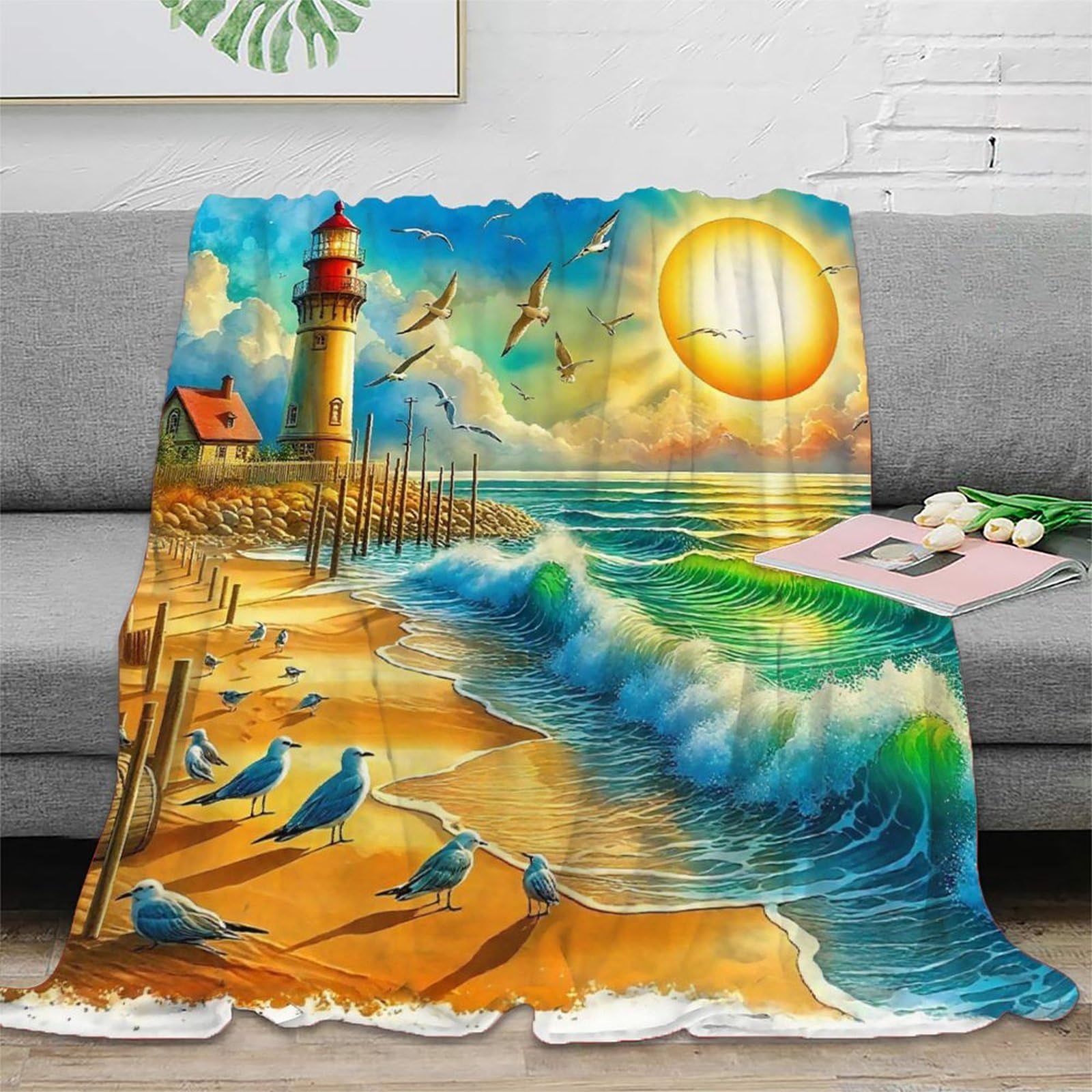 Plaid imprimé 3D phare jeté de canapé microfibre couverture polaire chaude lit