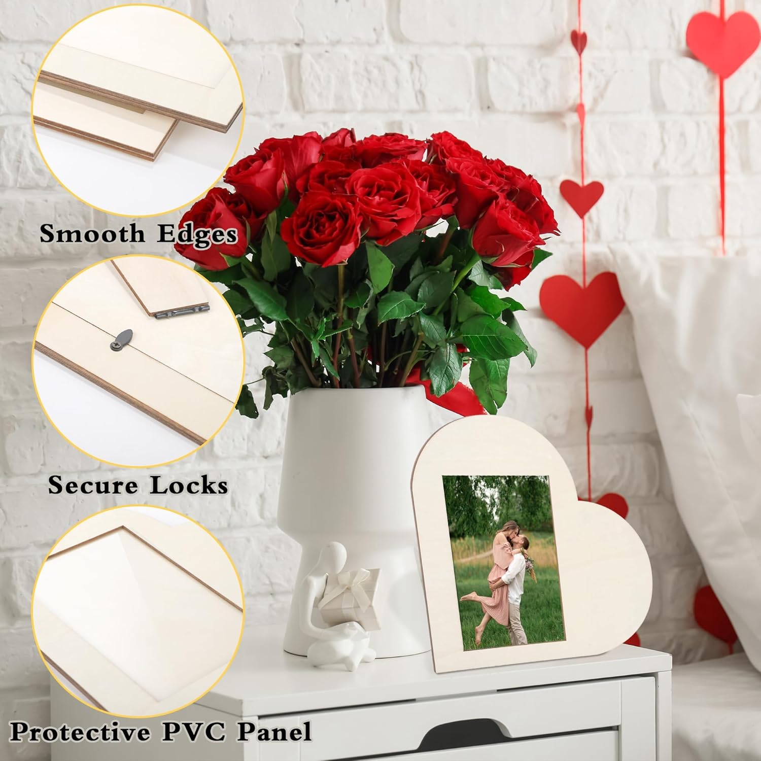 Aneco 6 Pieces Valentines Heart Picture Frame with Protector Panel Unfinished Wooden Frames Craft Kit with 120 Foam Heart Stickers Brushes Paints Decorative Postcard Frames for 4 x 6 Inch Photos