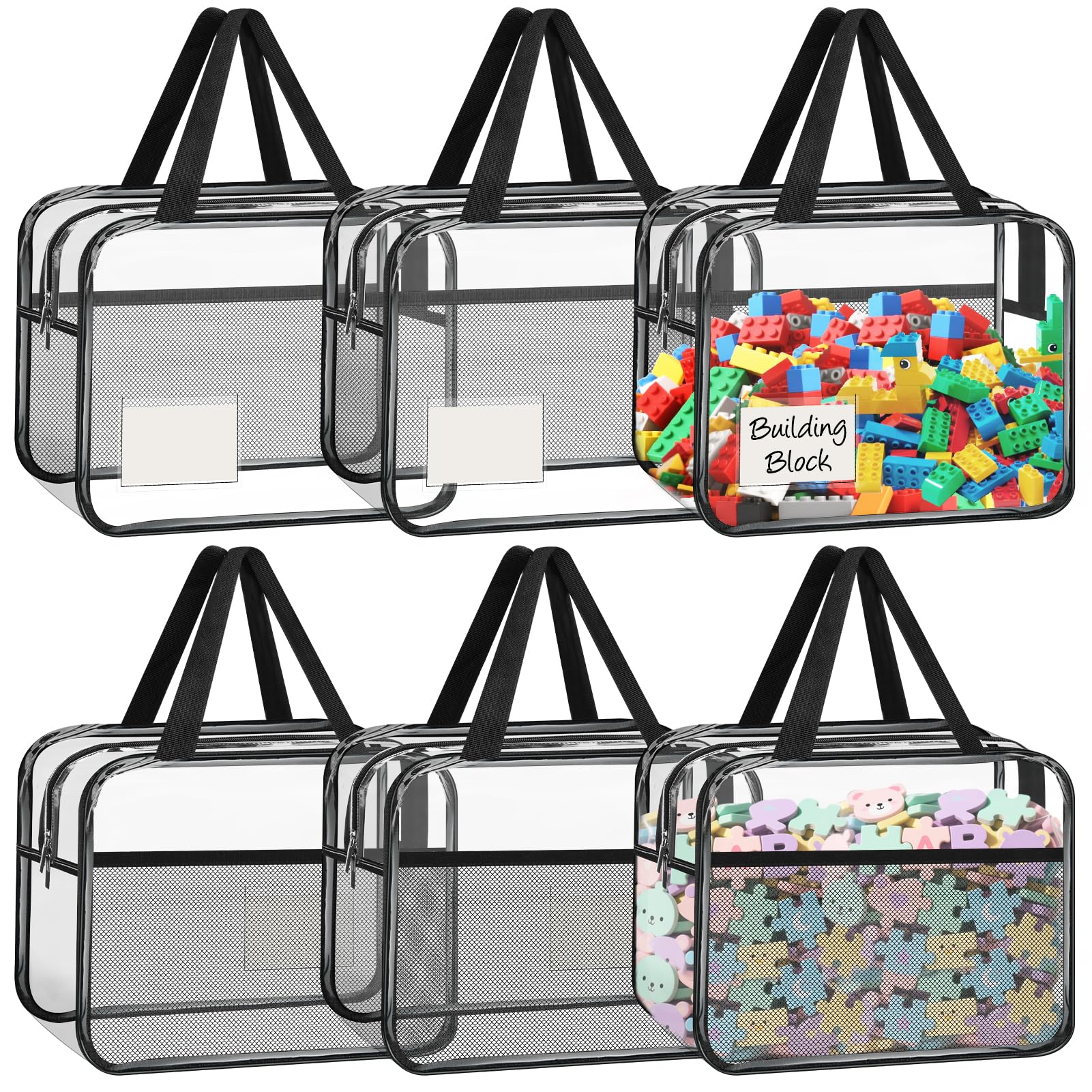 6 Pack Toy Storage Bags with Name Tag, Storage Bags with Zipper, Waterproof Clear PVC Toy Kids Organiser for Building Blocks, Puzzles, Clay, Small Models, Board Games — view 11