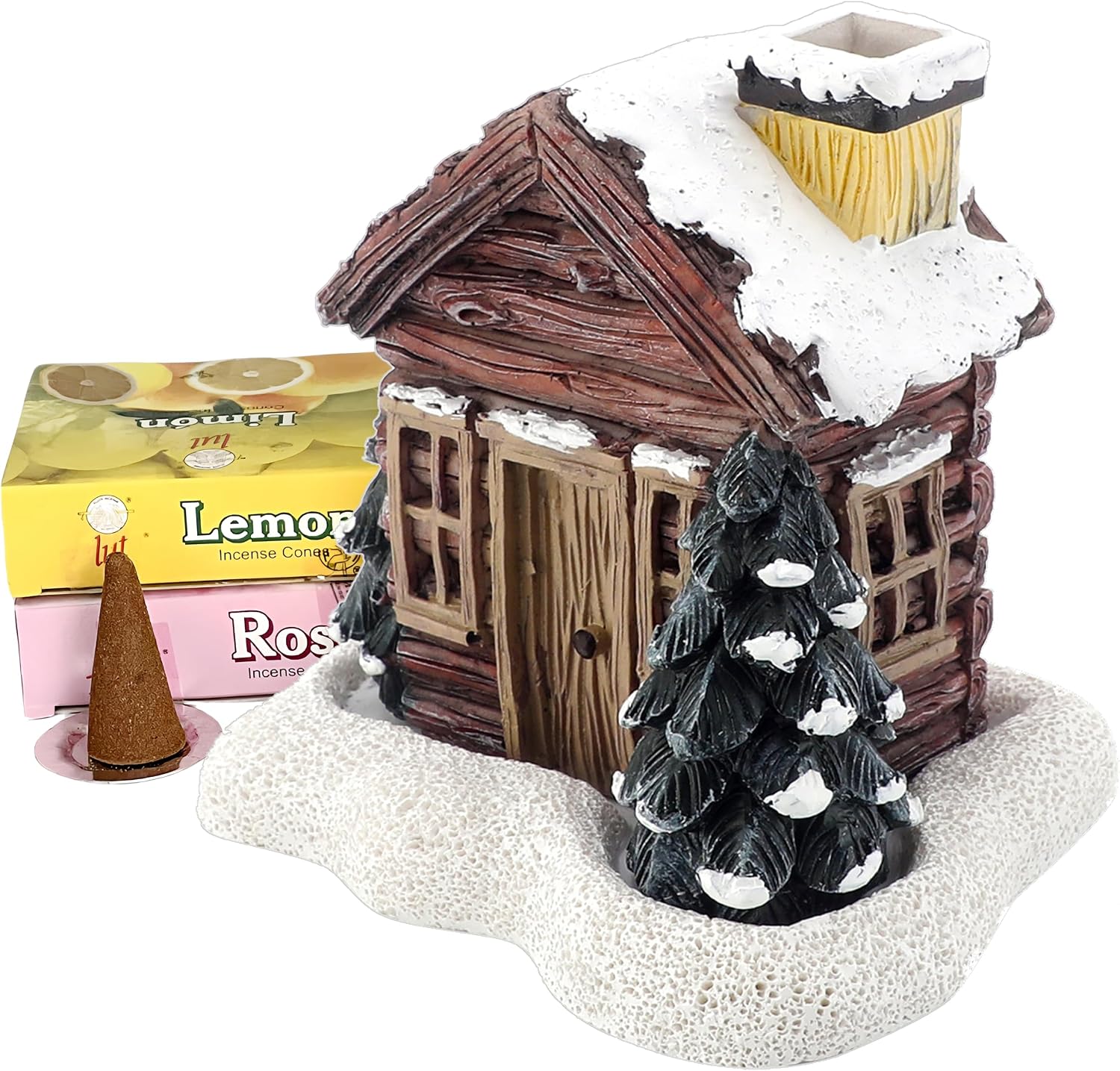Lovely Log Cabin Incense Burner, Mini Snowy Winter Chimney Cottage with 20 Handmade Cones, Ash Catcher for Home Decor, Aromatherapy Decor, Meditation and Yoga Space, Zen Aromatherapy Gift