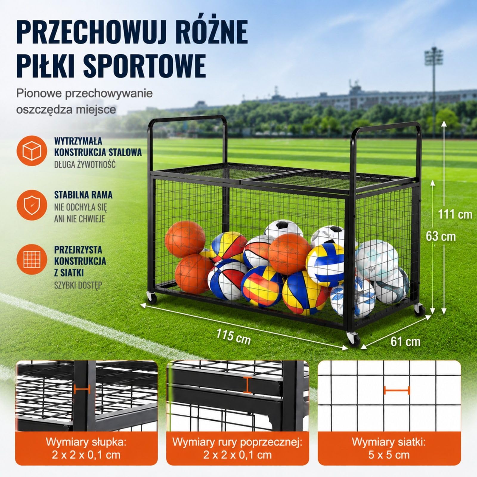 Wózek do Przechowywania Piłek Sportowych, Zamykany Organizer ze Stali Węglowej z Podwójną Górną Pokrywą do Garażu