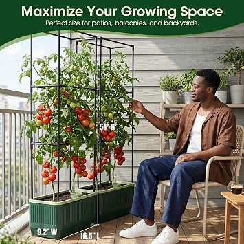 2 Pack 51 Self Watering Planter Box with Trellis, Tomato Planter Trellis for Raised Garden Bed, Tomato Cage with Visual Water Indicator, Indoor Outdoor Tomato Cages for Garden Patio