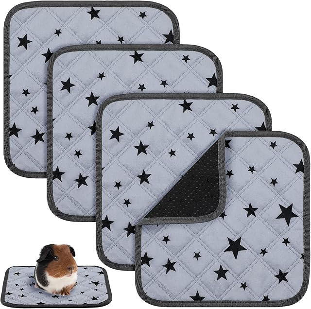 4 Pieces Guinea Pig Cage Liners Guinea Pig Fleece Bedding Absorbent Guinea Pig Accessories Reusable Washable Guinea Pig Pee Pad Non Slip Guinea Pig Mats for Cages with Star Patterns (12 x 12 Inch)