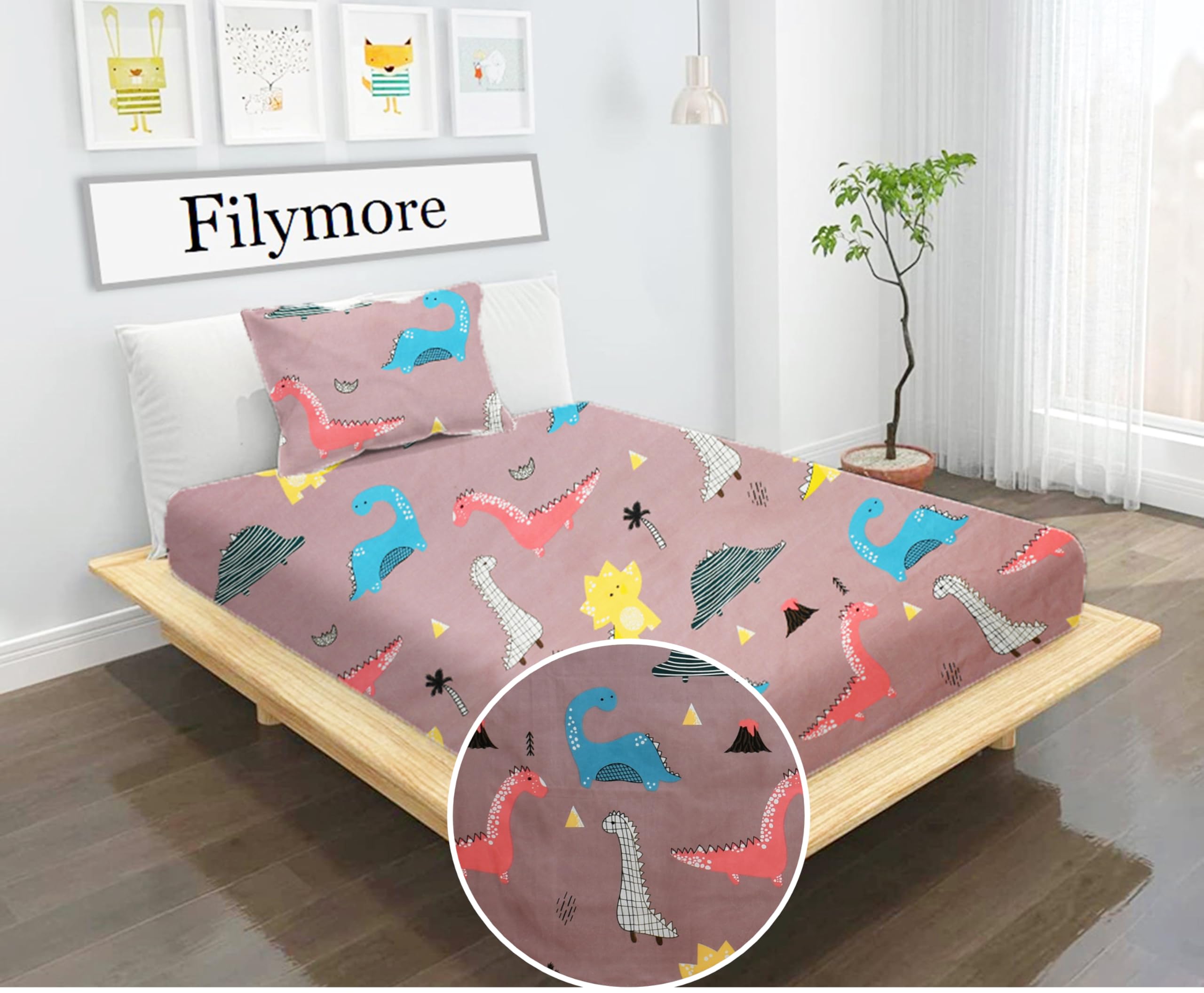 Small Dinosaurs Single Bedsheet for Kids 240 TC Cartoon Bedcover Made with Pure Microfiber(Size 60 X 90 Inches) 1 Bedsheet 1 Pillow Cover (Color-Brown)