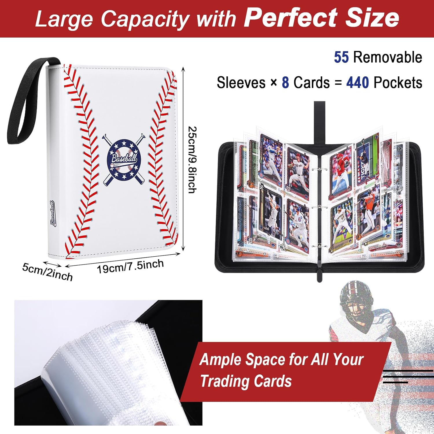 Baseball Card Binder 440 Pockets, Trading Card Album with Sleeves, Sports Card Binder with Card Display Design, Baseball Card Holder Album Protectors for Sport Cards Collectors