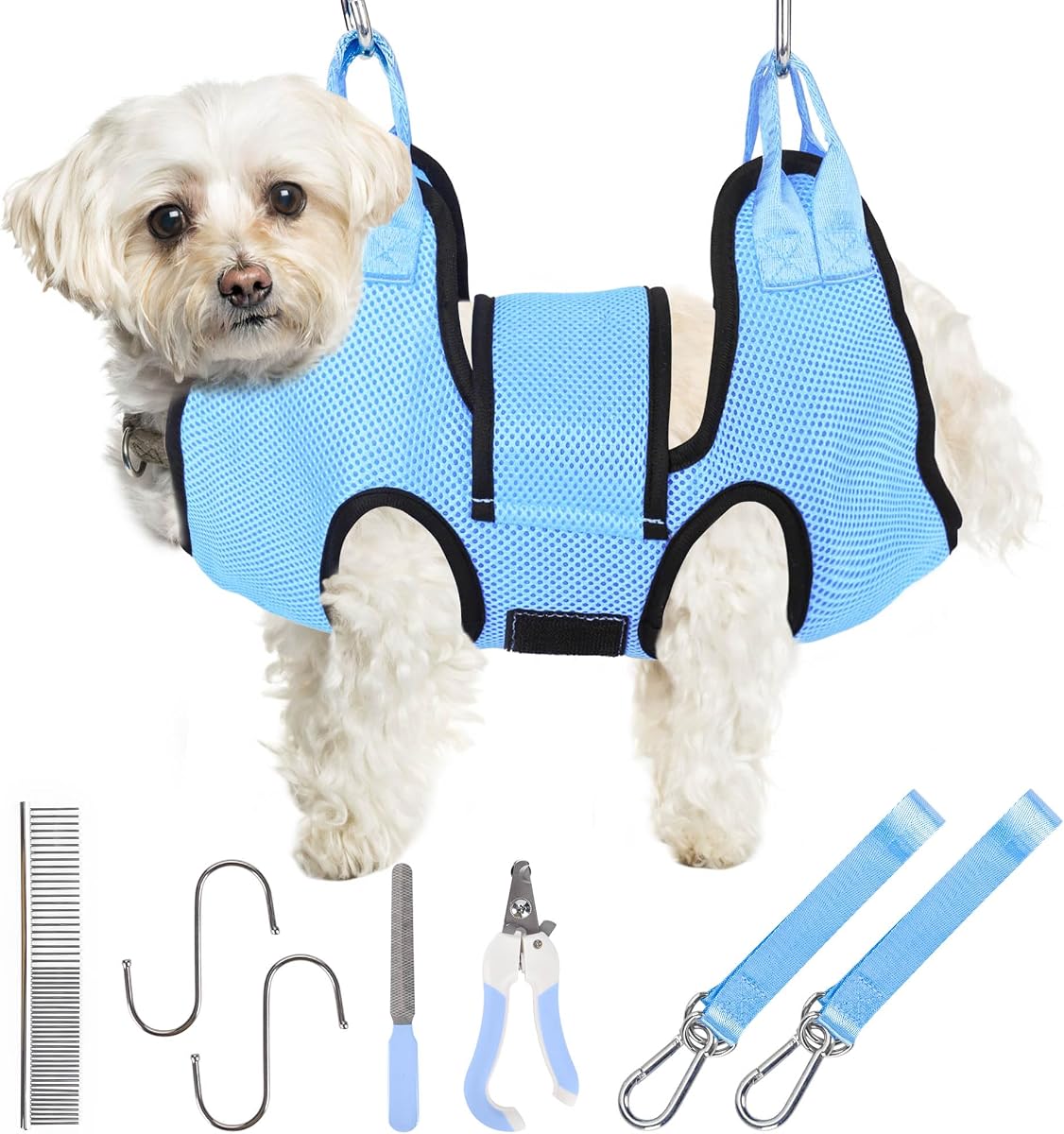 PatiencET Dog Grooming Hammock Kit | For Cats & Dogs up to 17 lb, Hanging Harness and Sling for Nail Trimming, Includes Clippers/Trimmer, File & Comb, Cerulean S
