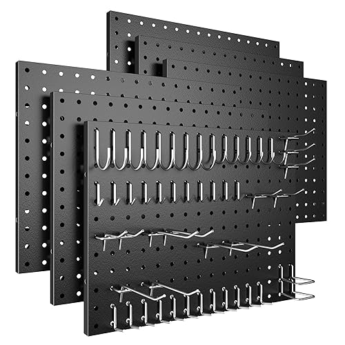 Spampur Peg Board, 6 Pack Metal Pegboard Panels Black Pegboards Wall Organizer with 50 Hooks, Heavy Duty Peg Board for Walls Home, Garage Tool Storage, Office Organization, Craft Room, Kitchen - Black - 16x12"- 6 Pcs