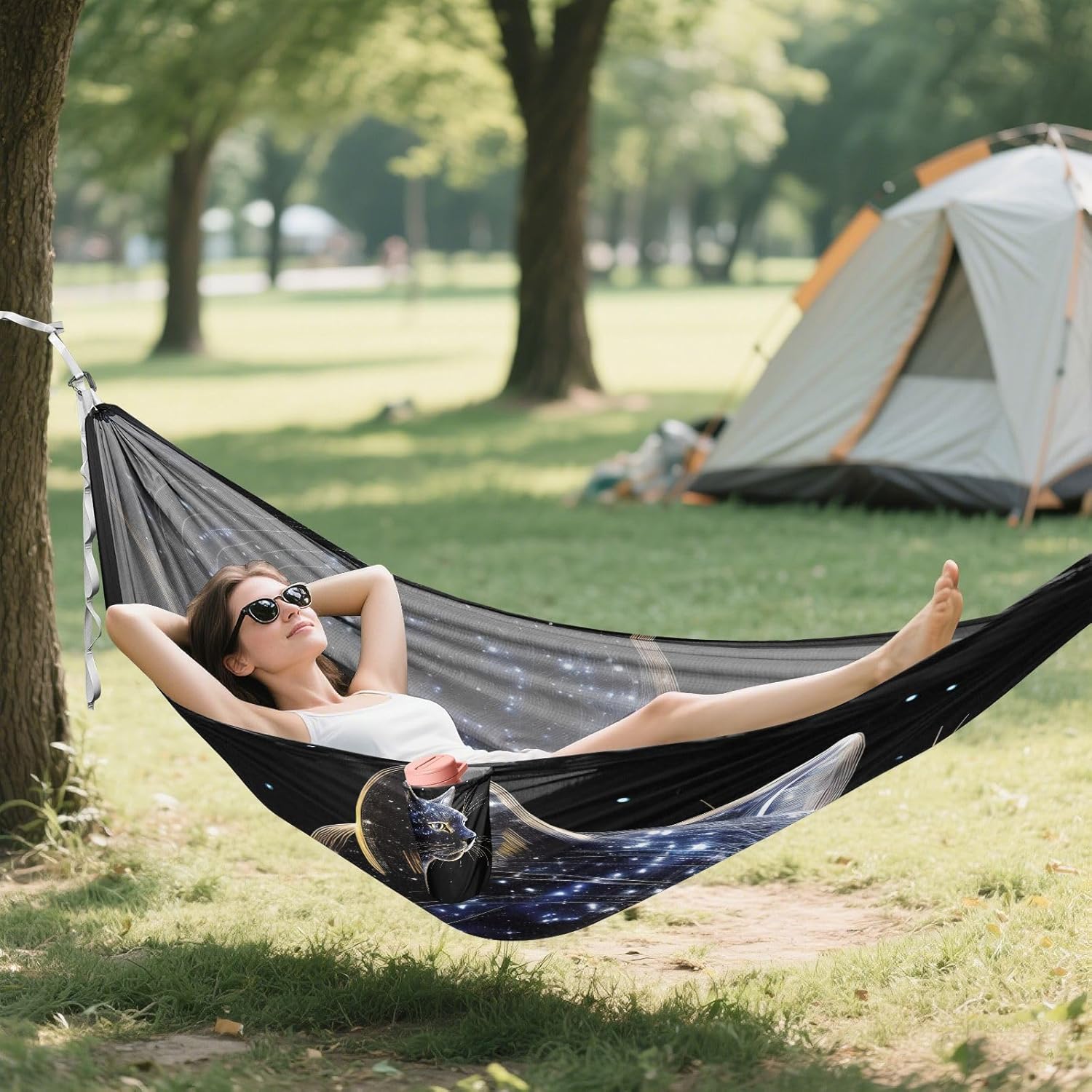 ALAZA Black Galaxy Camping Hammocks Single or 2 Person 500 lbs Portable Parachute Travel Hammock w/Tree Straps for Hiking Backpacking Indoor Outdoor